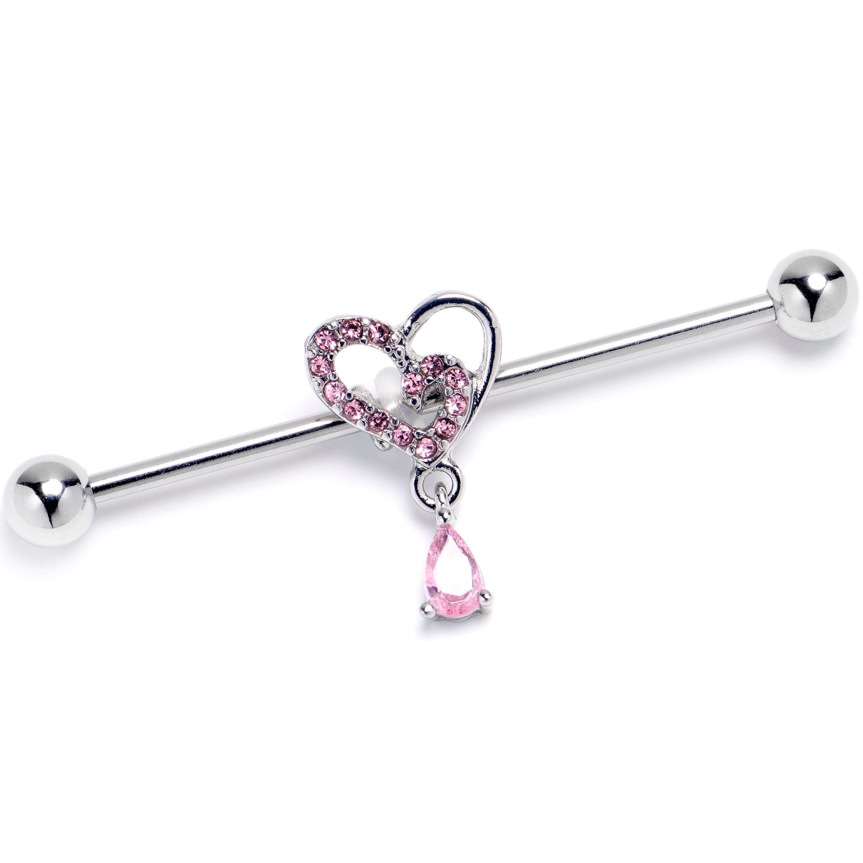 14G Pink CZ Gem Asymmetrical Heart Dangle Industrial Barbell 38mm