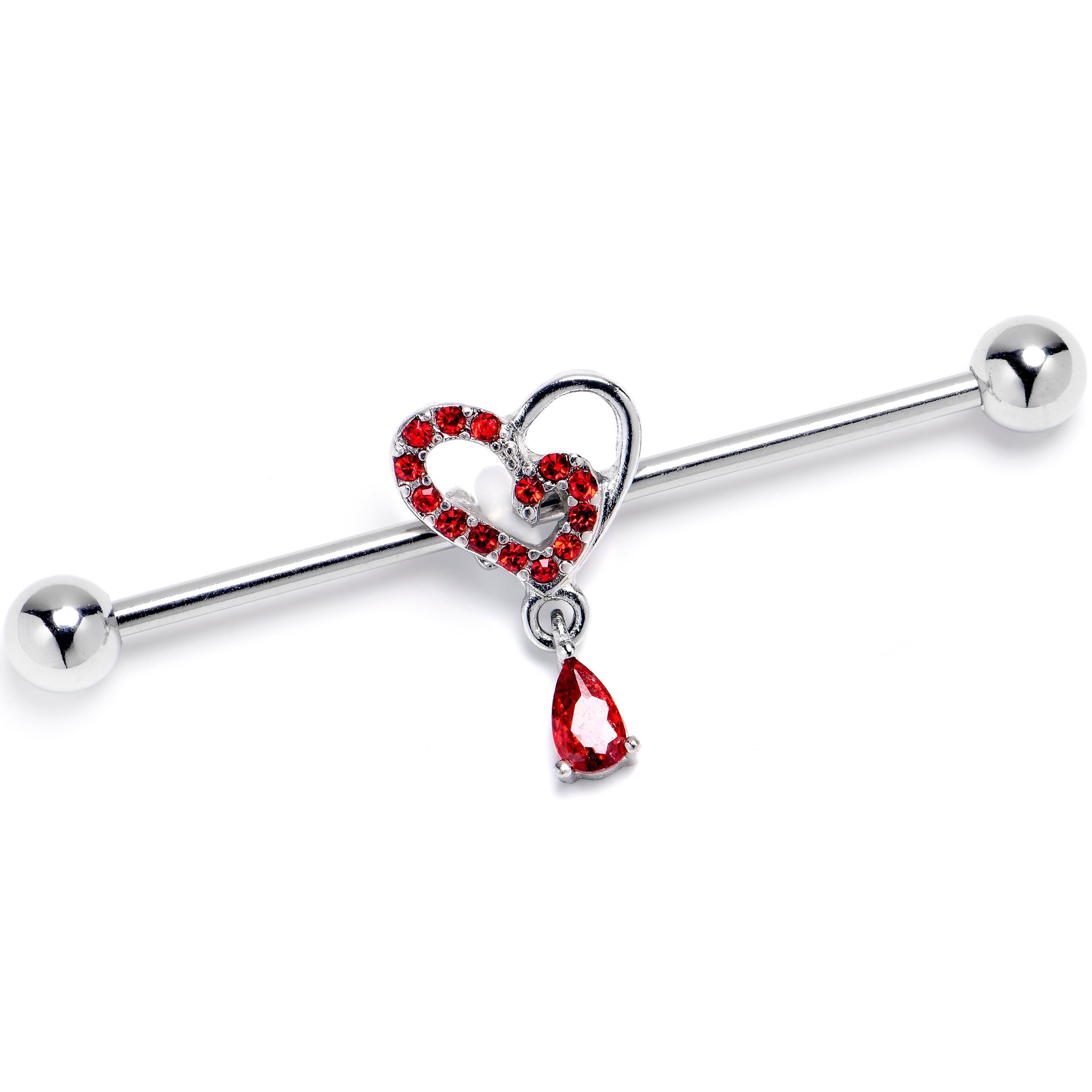 14G Red CZ Gem Asymmetrical Heart Dangle Industrial Barbell 38mm