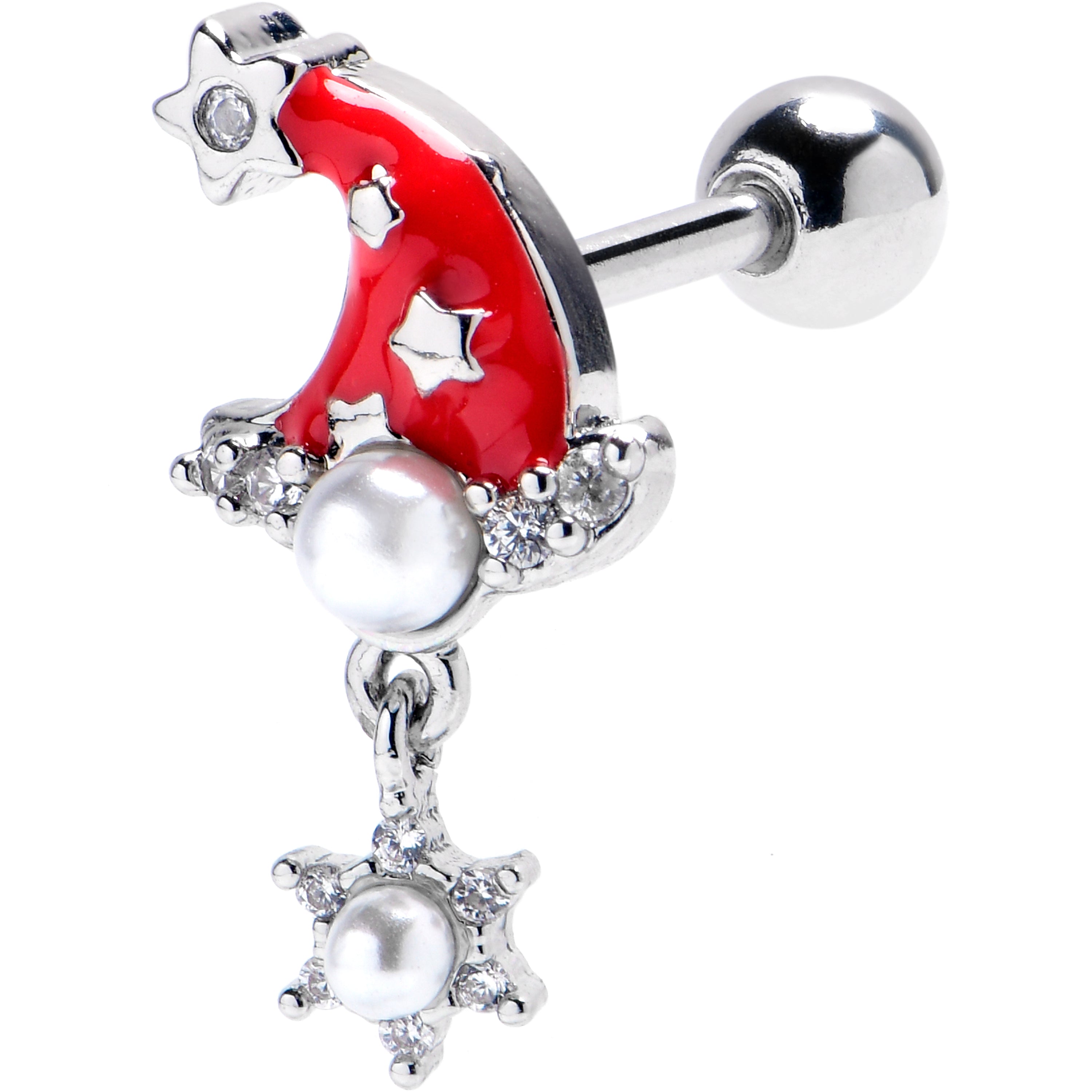 16G 1/4 Clear Gem Santa Hat Stars Red Dangle Cartilage Earring