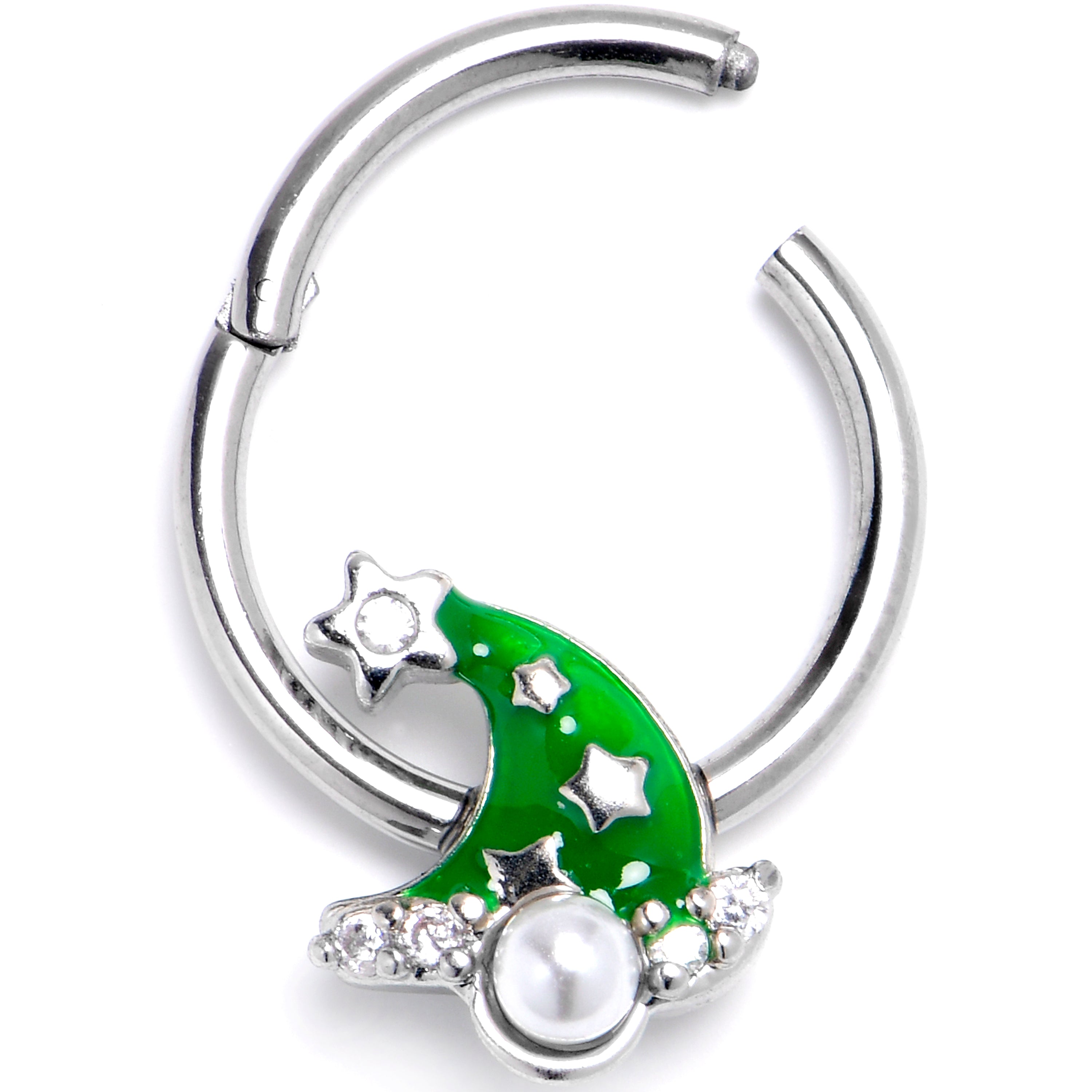 16G 3/8 Clear Gem Santa Hat Stars Green Hinged Segment Ring