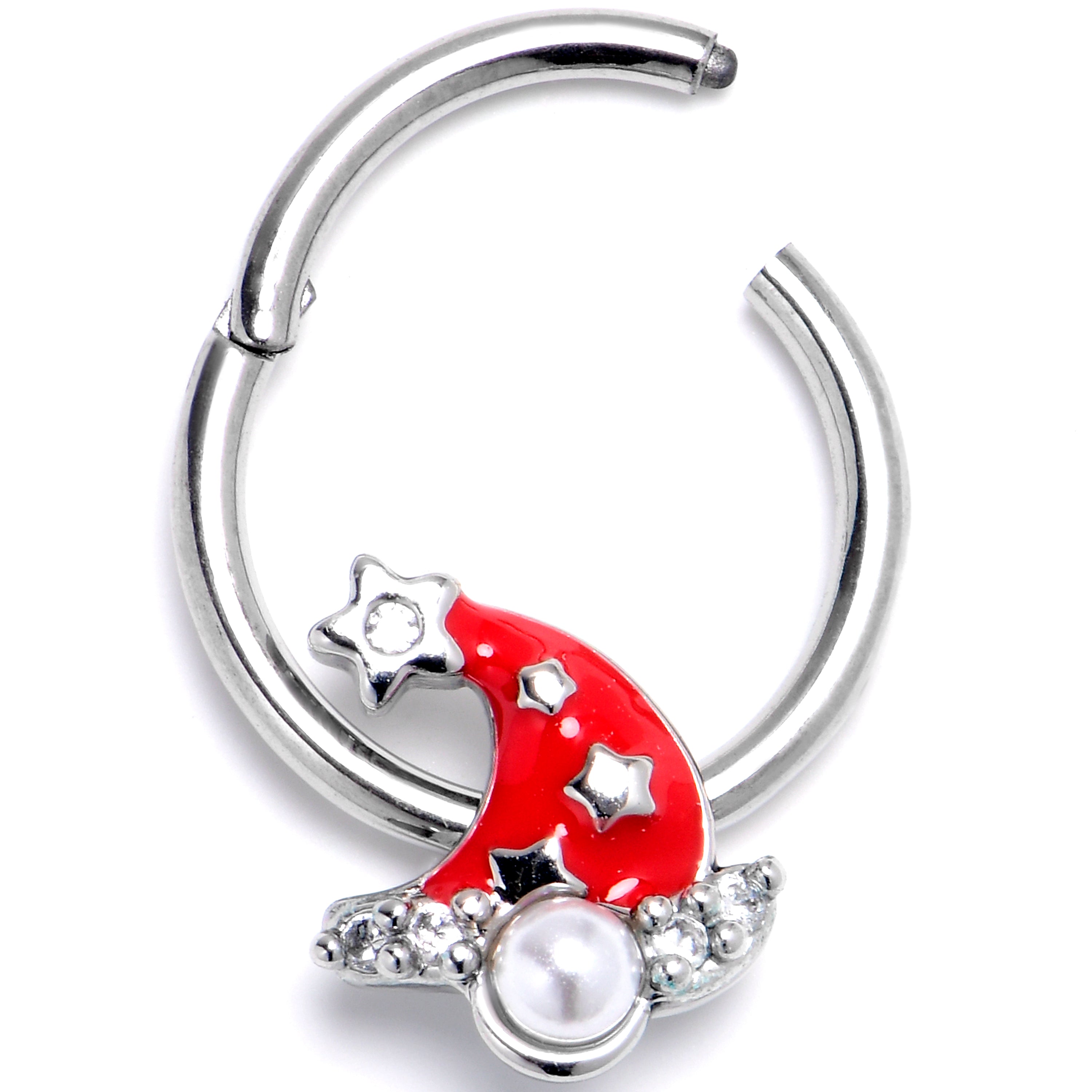 16G 3/8 Clear Gem Santa Hat Stars Red Hinged Segment Ring