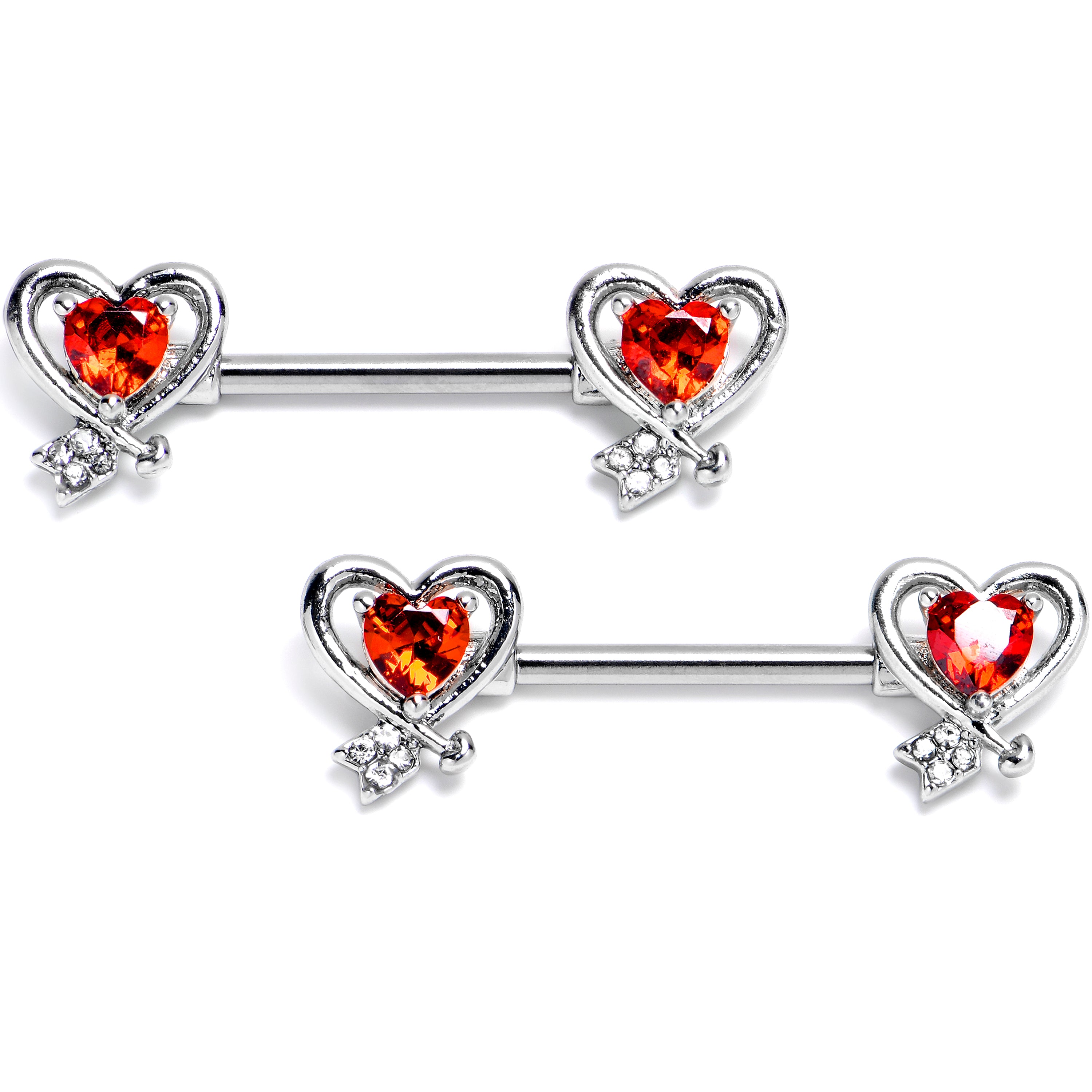 14 Gauge 9/16 Red CZ Gem Wrapped In Heart Barbell Nipple Ring Set