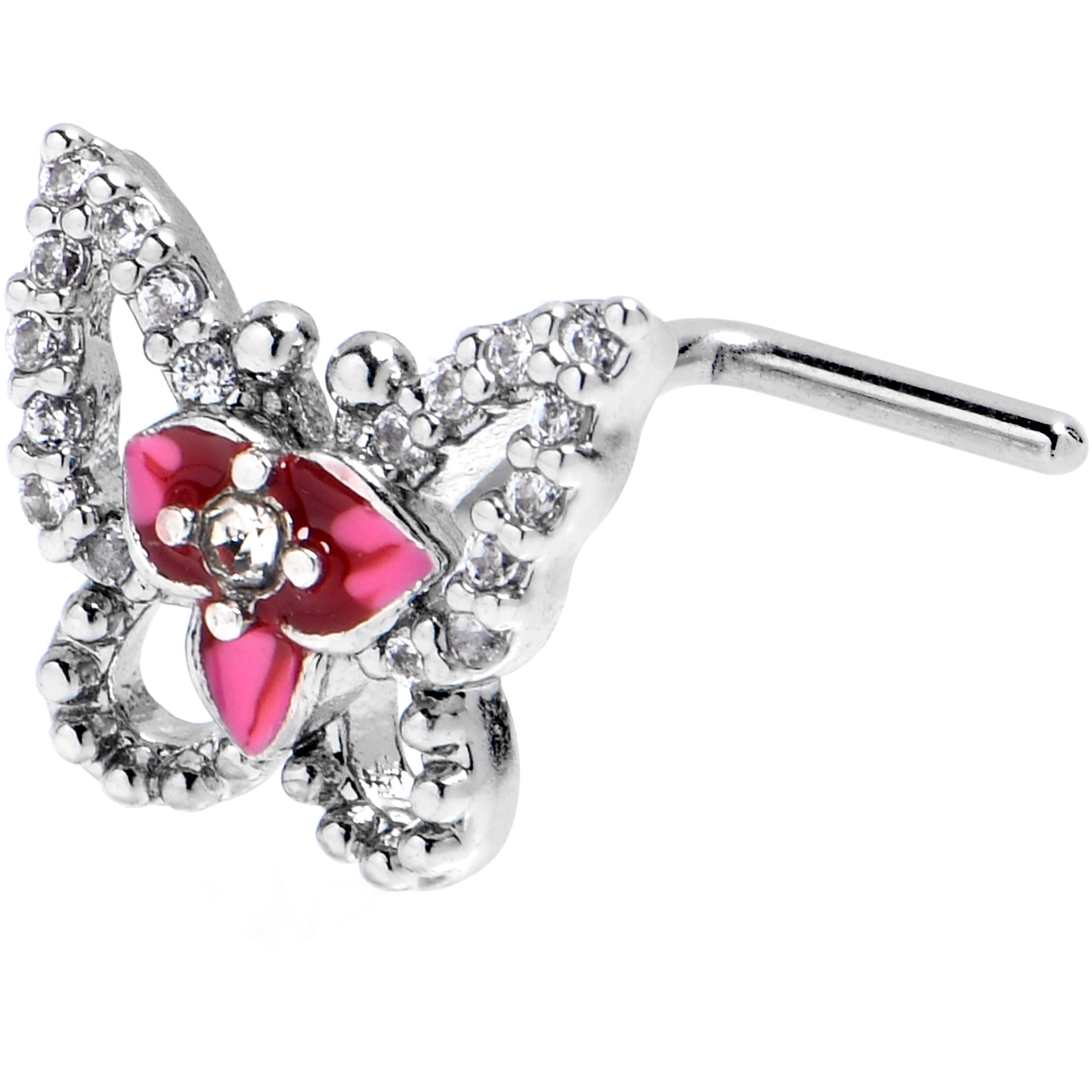 20 Gauge 7mm Clear Gem Fabulous Butterfly Pink L Shape Nose Ring