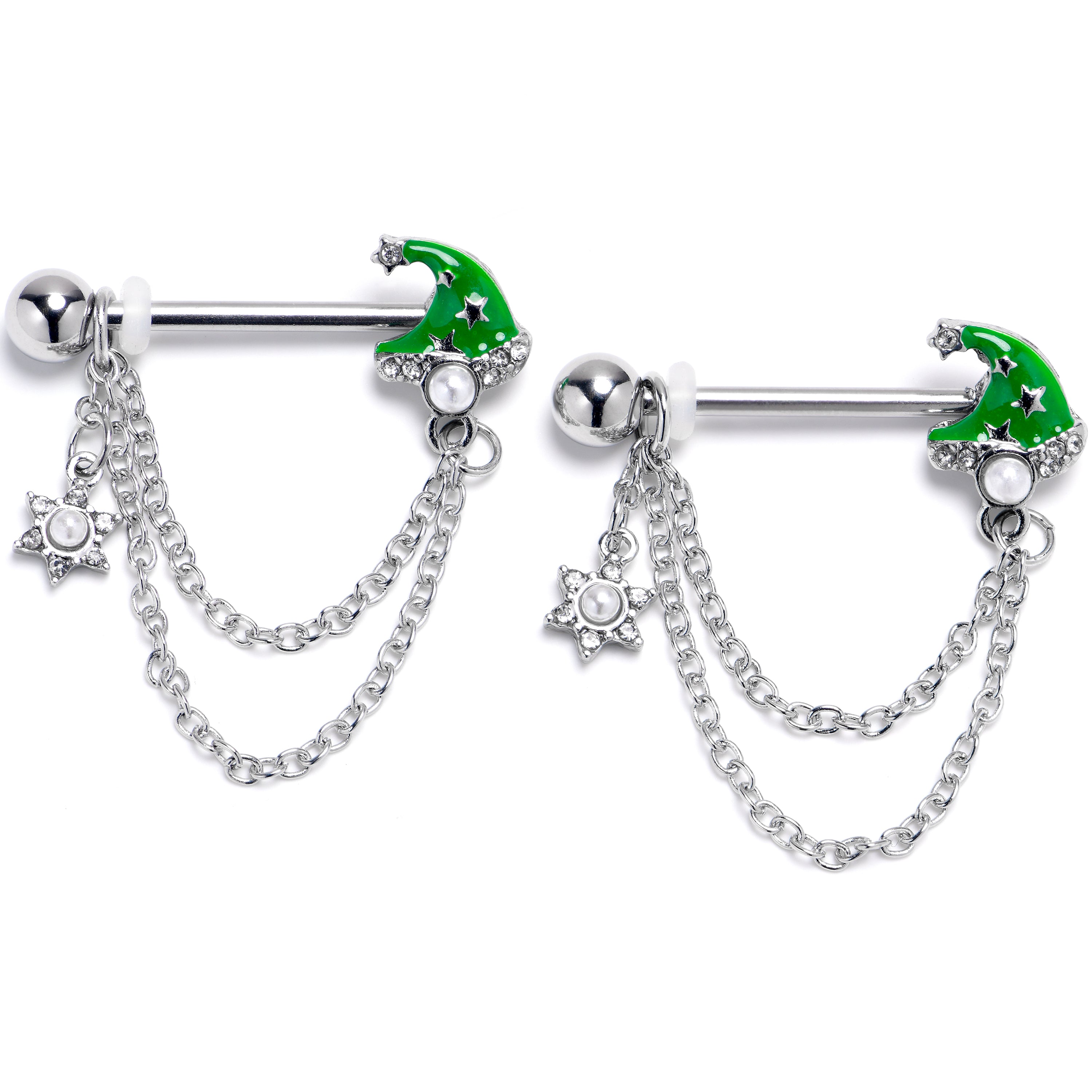 14G 9/16 Clear Gem Santa Hat Stars Green Dangle Nipple Ring Set