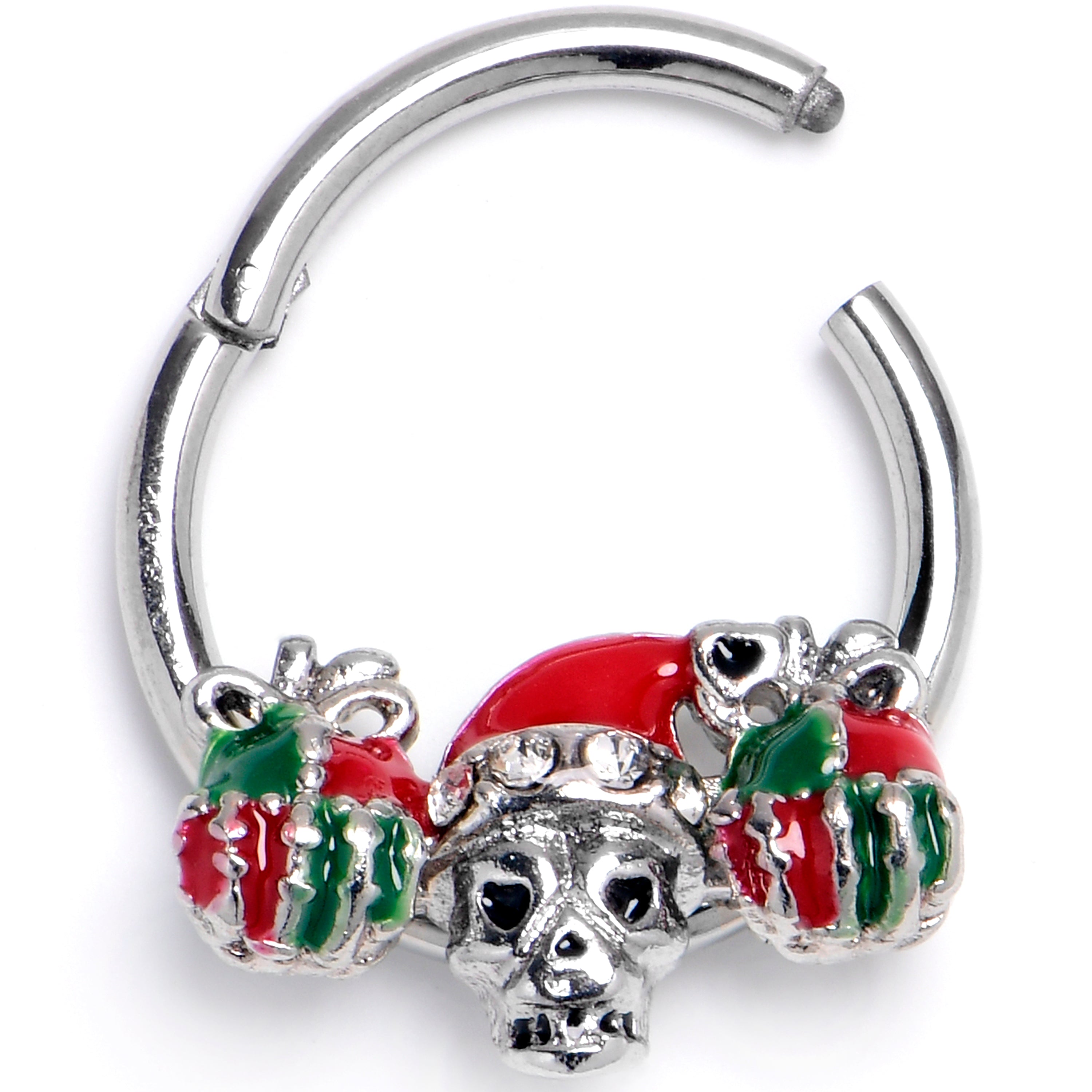 16G 3/8 Clear Gem Santa Hat Skull Gifts Hinged Segment Ring