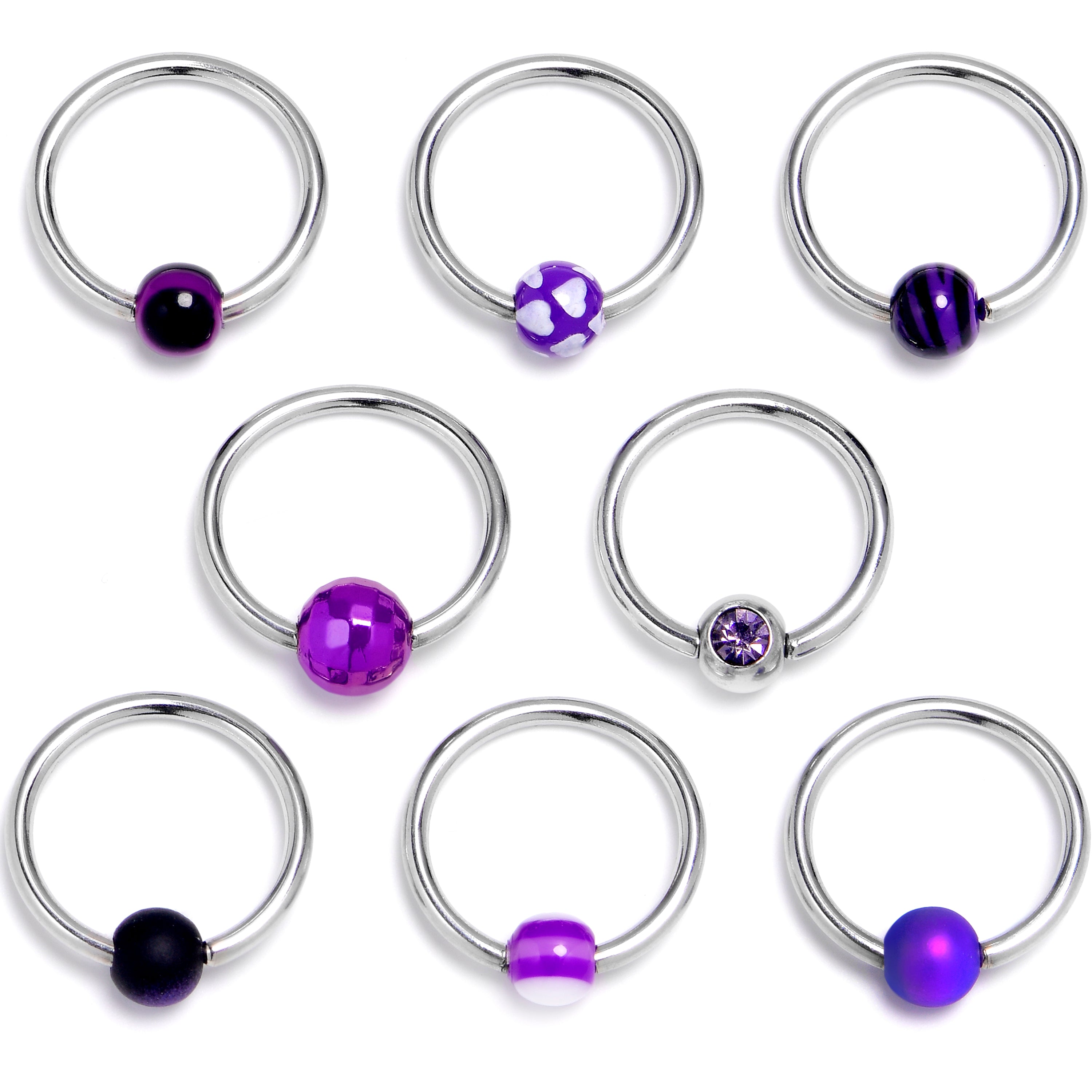 16 Gauge 3/8 Purple Gem Mix Blue BCR Captive Ring Set of 8