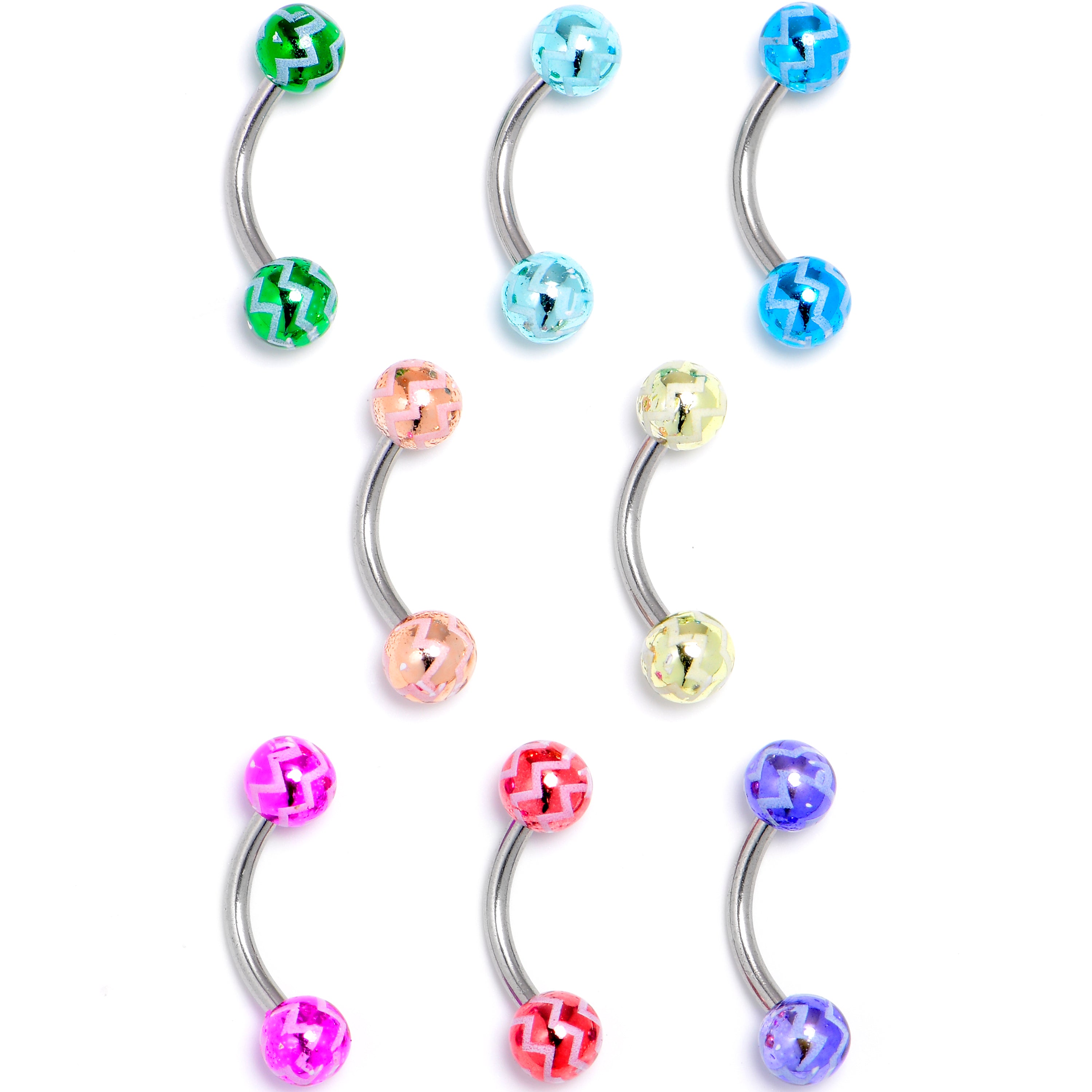 16 Gauge 5/16 Zigzag Multicolor Ends Curved Eyebrow Ring Set of 8