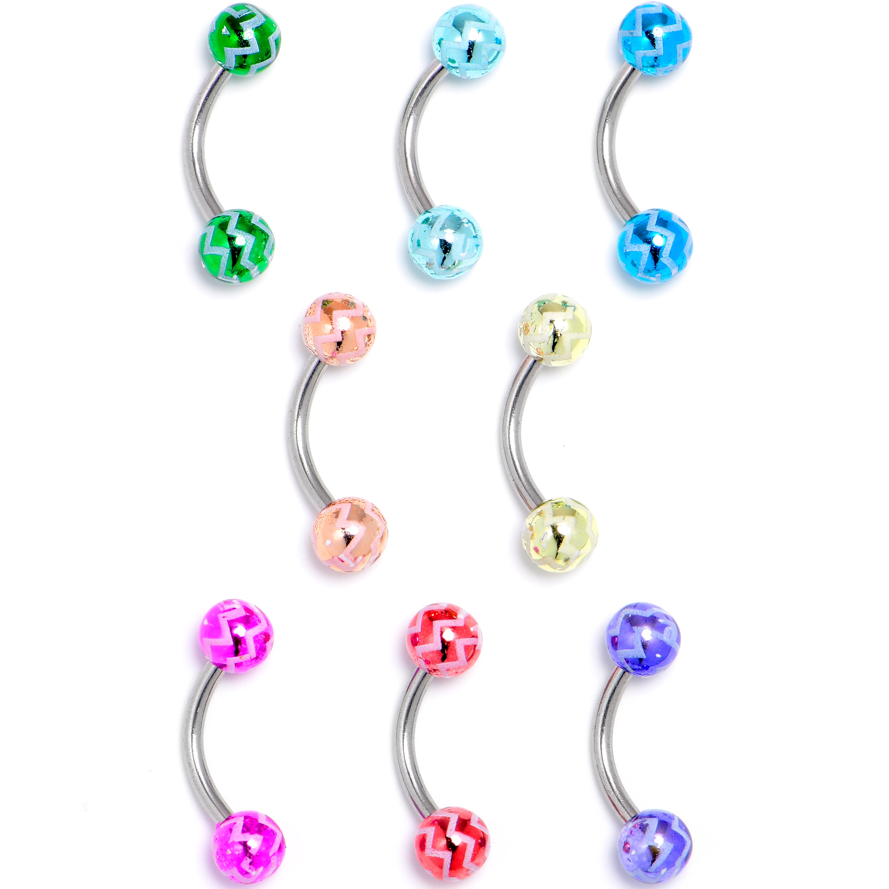 16G 5/16 Zigzag Multicolor Ends Curved Eyebrow Ring Set of 8