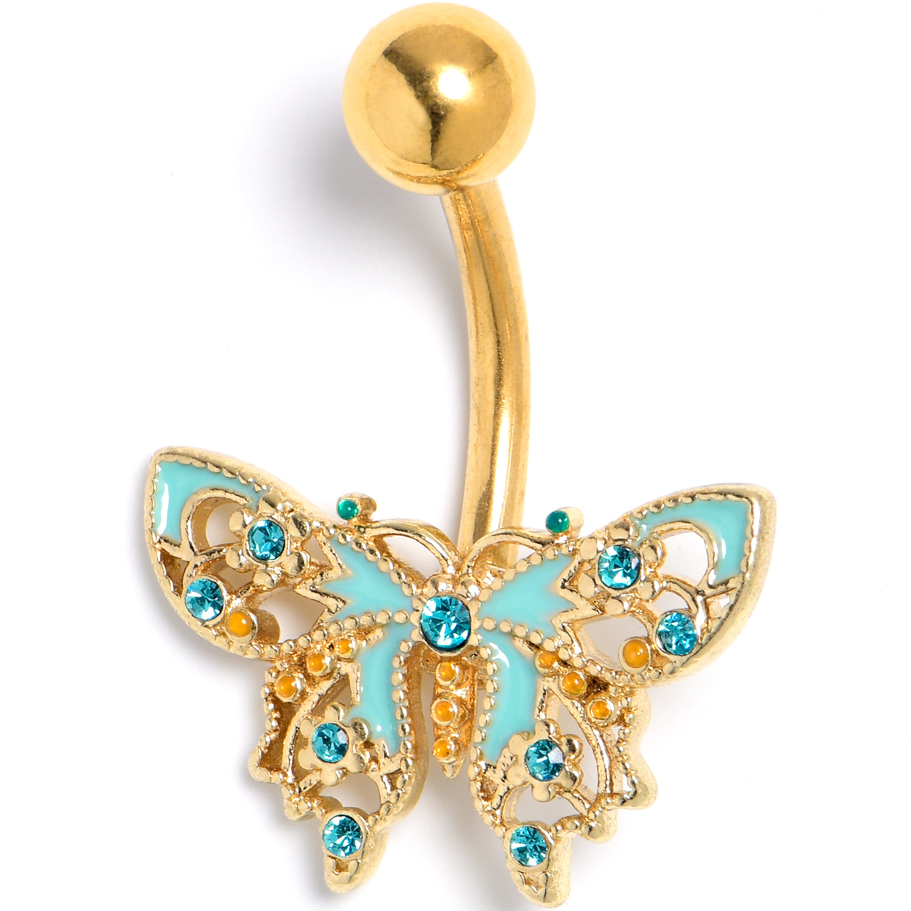 Blue Gem Gold Tone Ribbon Butterfly Belly Ring