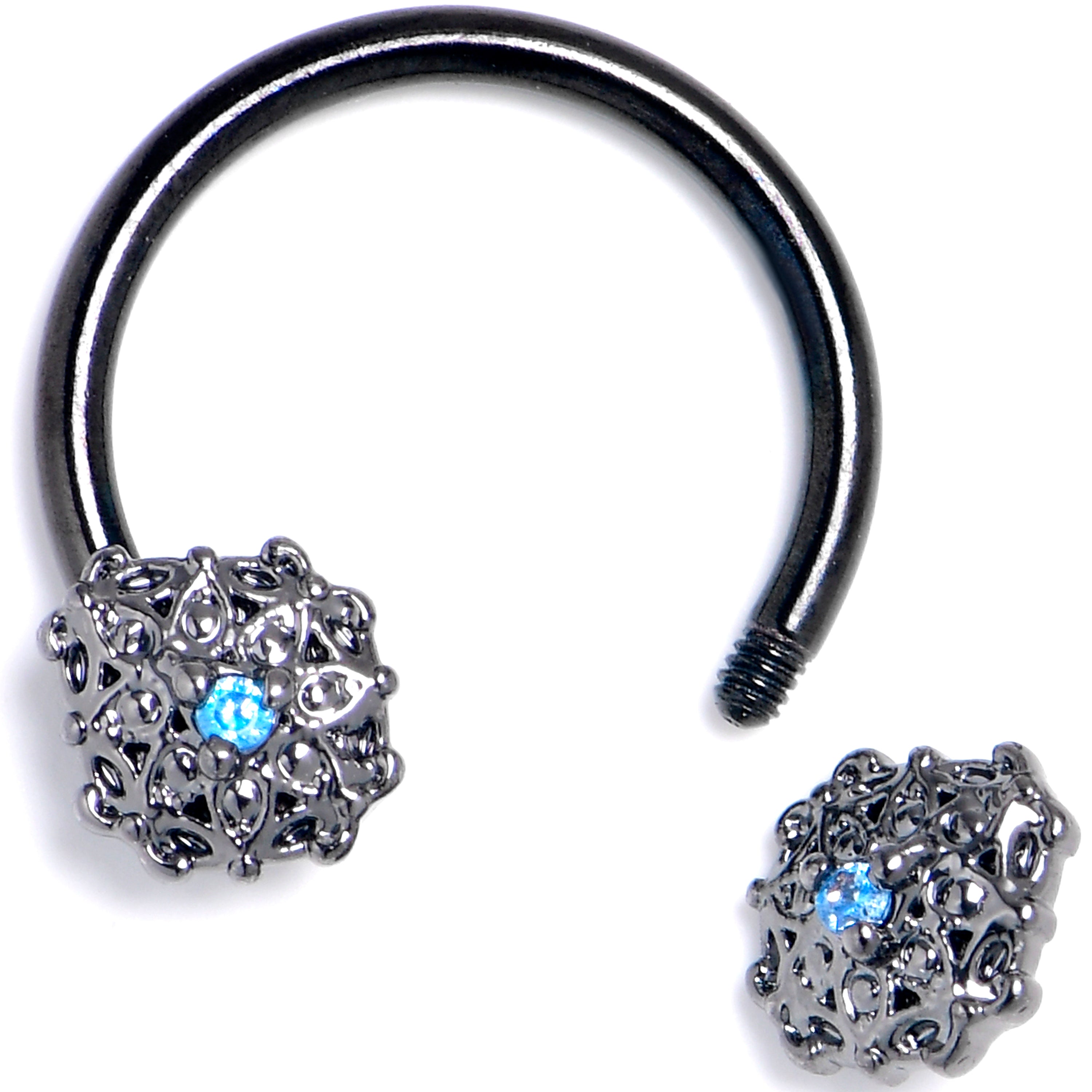 16G 3/8 Blue Gem Black Blossom Bloom Horseshoe Circular Barbell