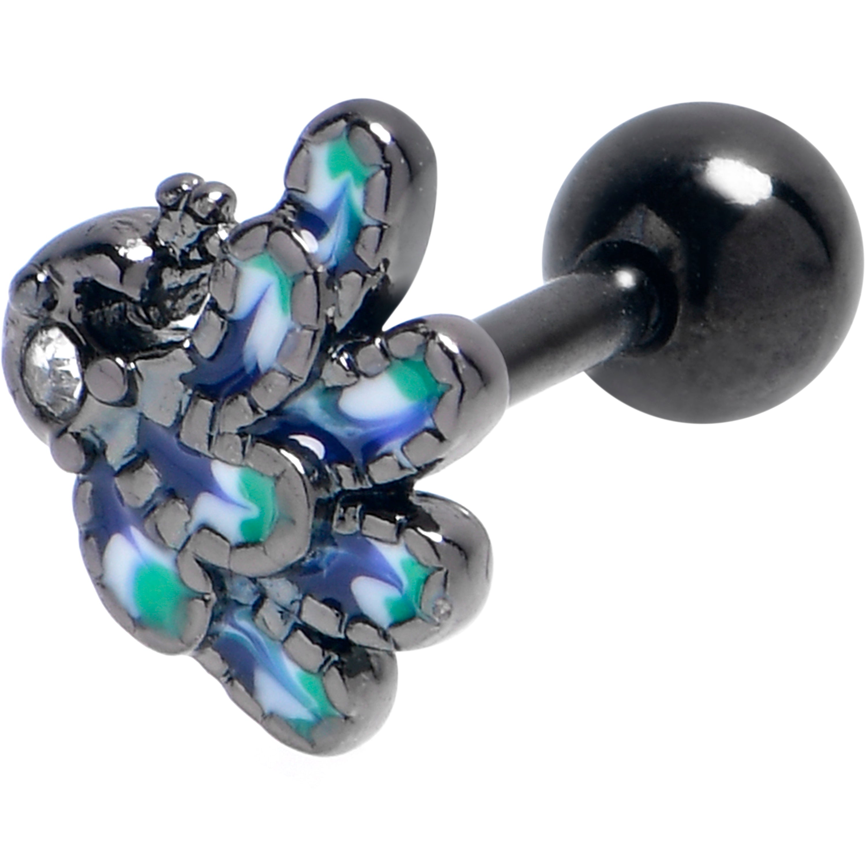 16G 1/4 Clear Gem Black Peacock Green Cartilage Tragus Earring