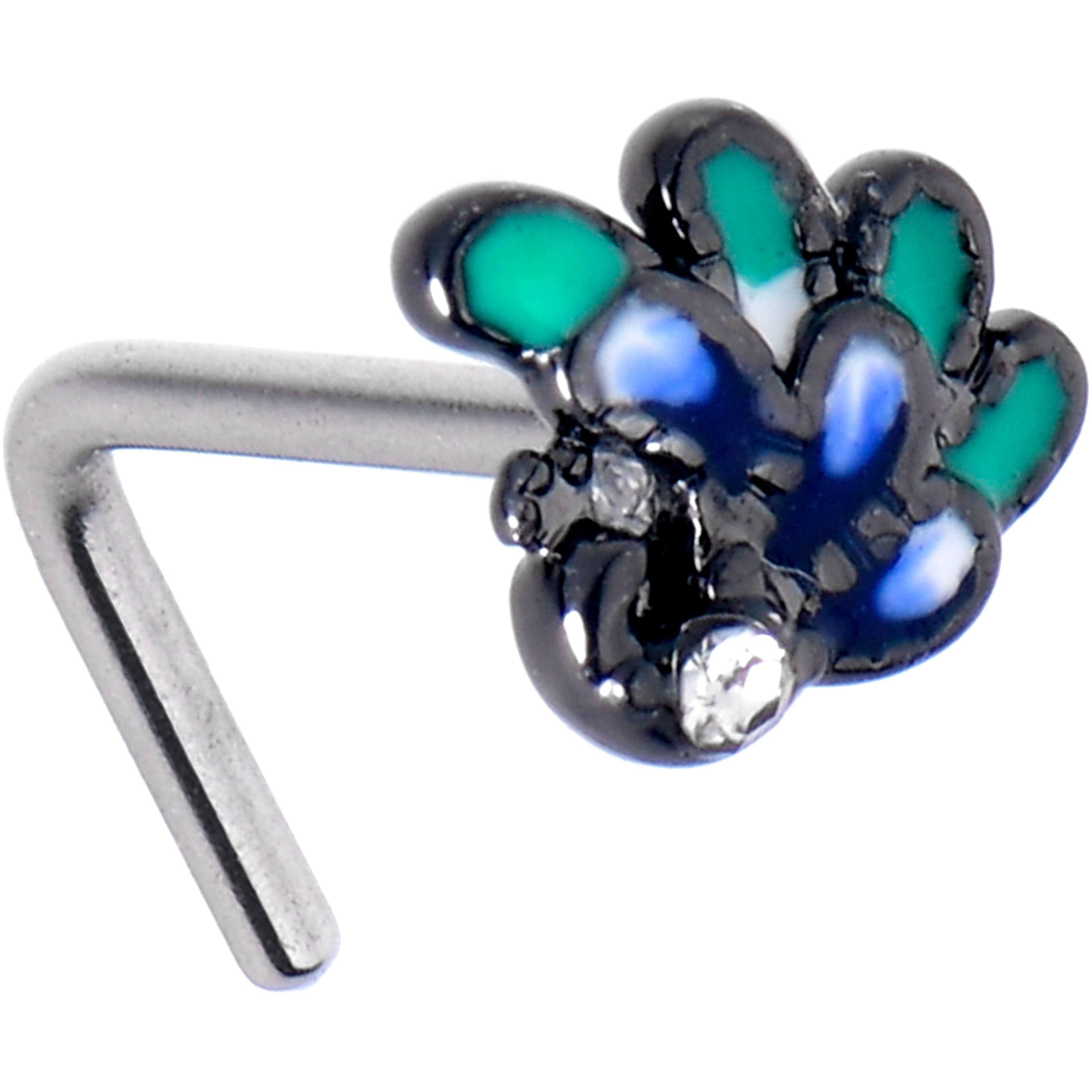 20G 7mm Clear Gem Peacock Green L Shape Nose Ring