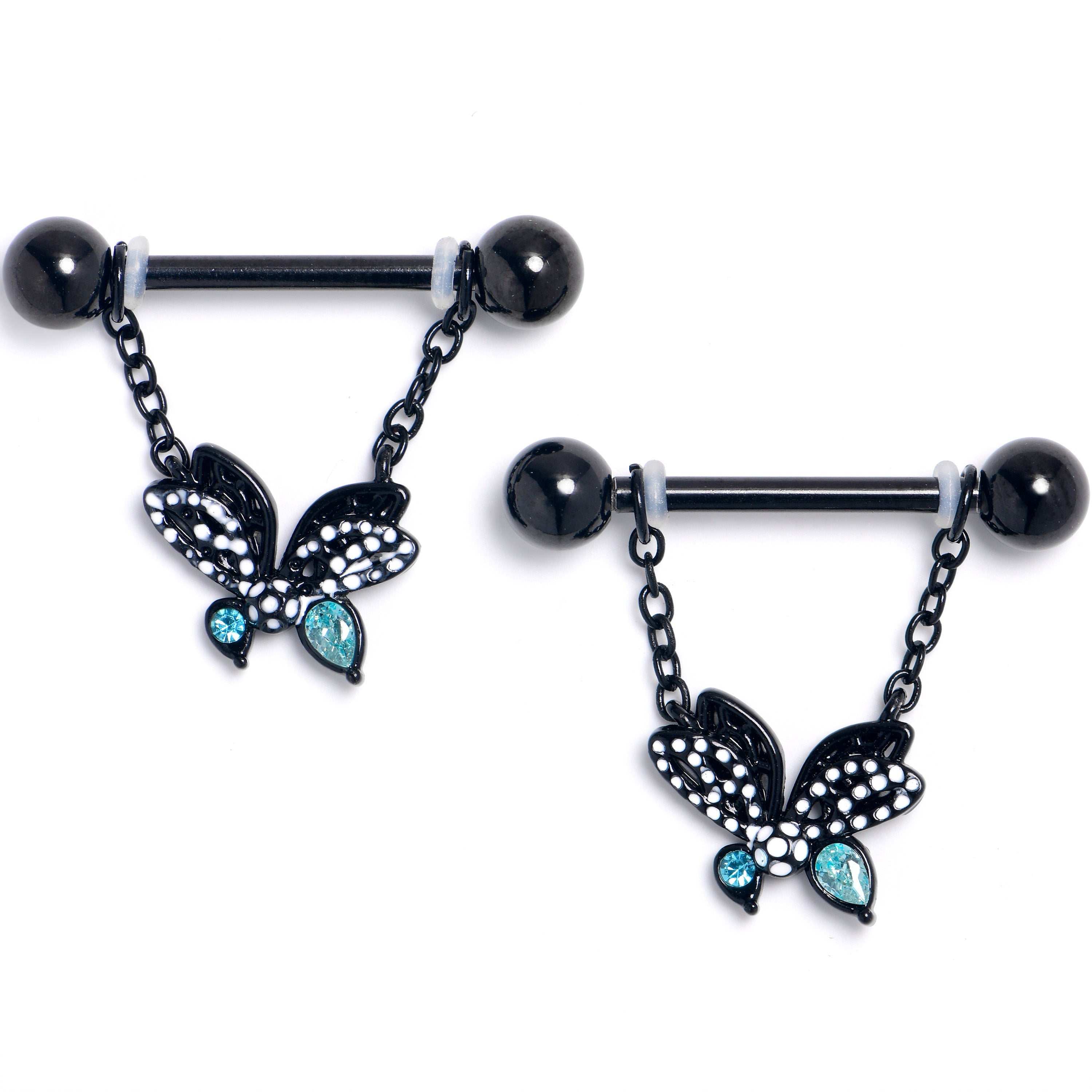 14G 9/16 Blue CZ Gem Black Night Drama Butterfly Nipple Ring Set