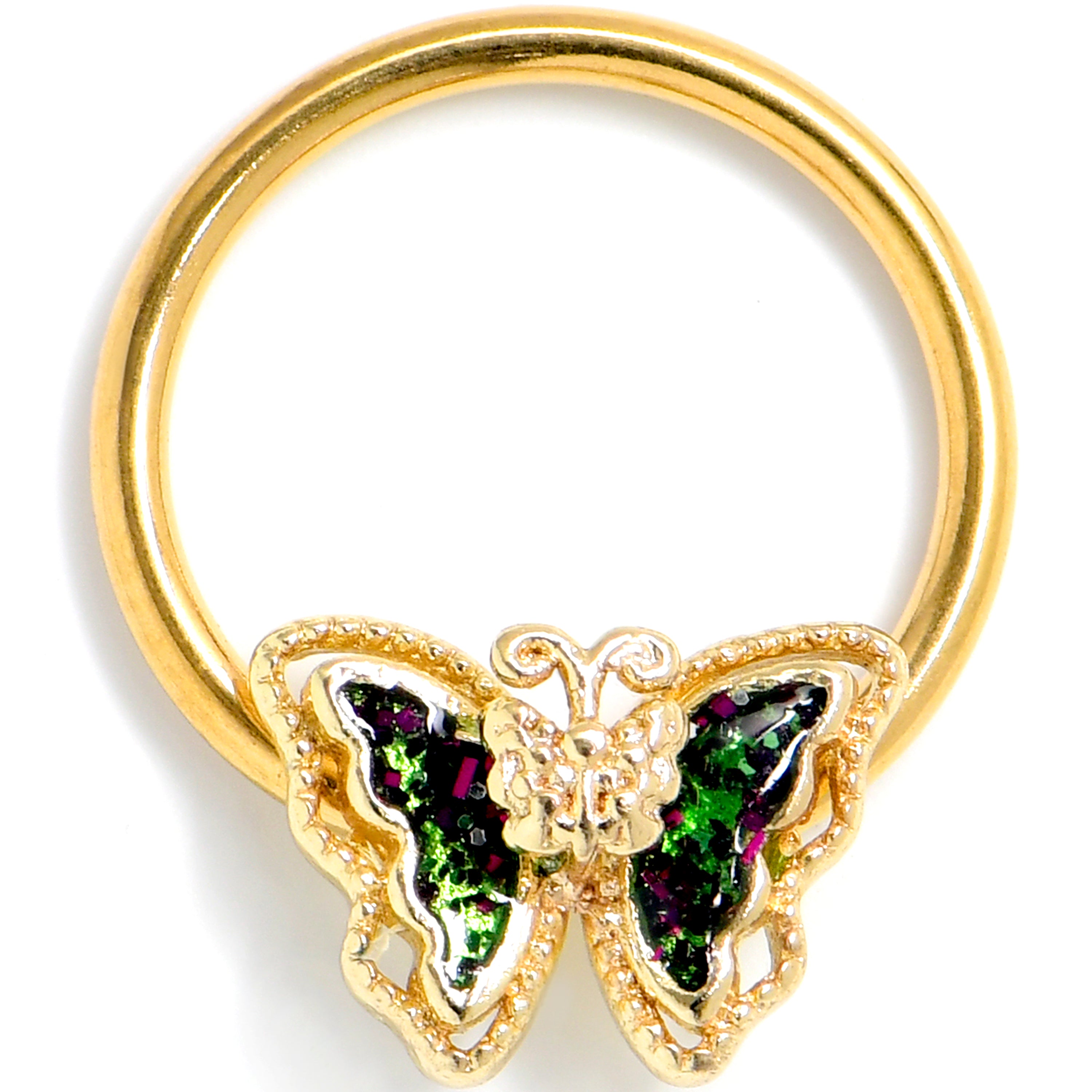 16 Gauge 3/8 Vitrail Gem Gold Tone Classic Butterfly BCR Captive Ring