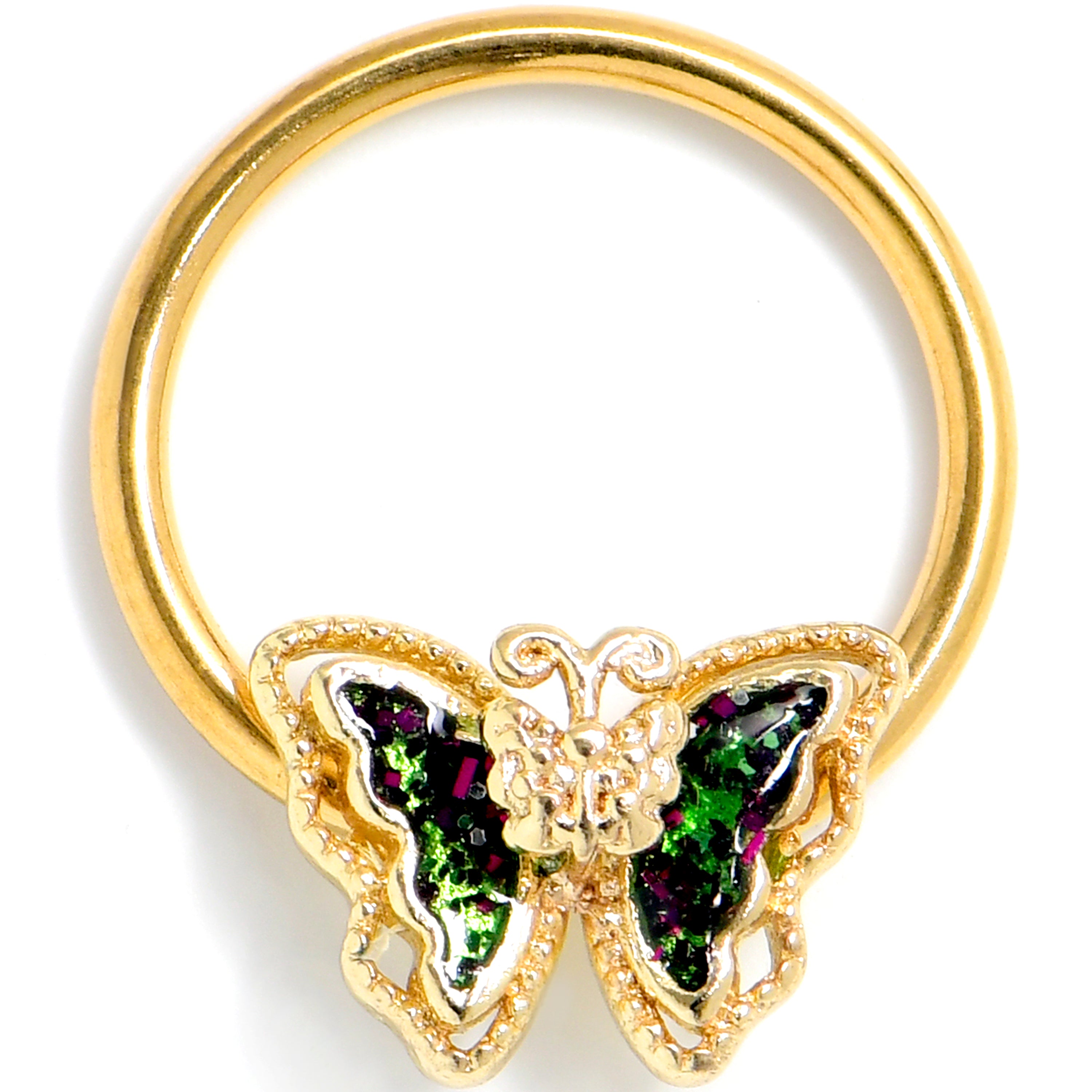 16G 3/8 Vitrail Gem Gold Tone Classic Butterfly BCR Captive Ring