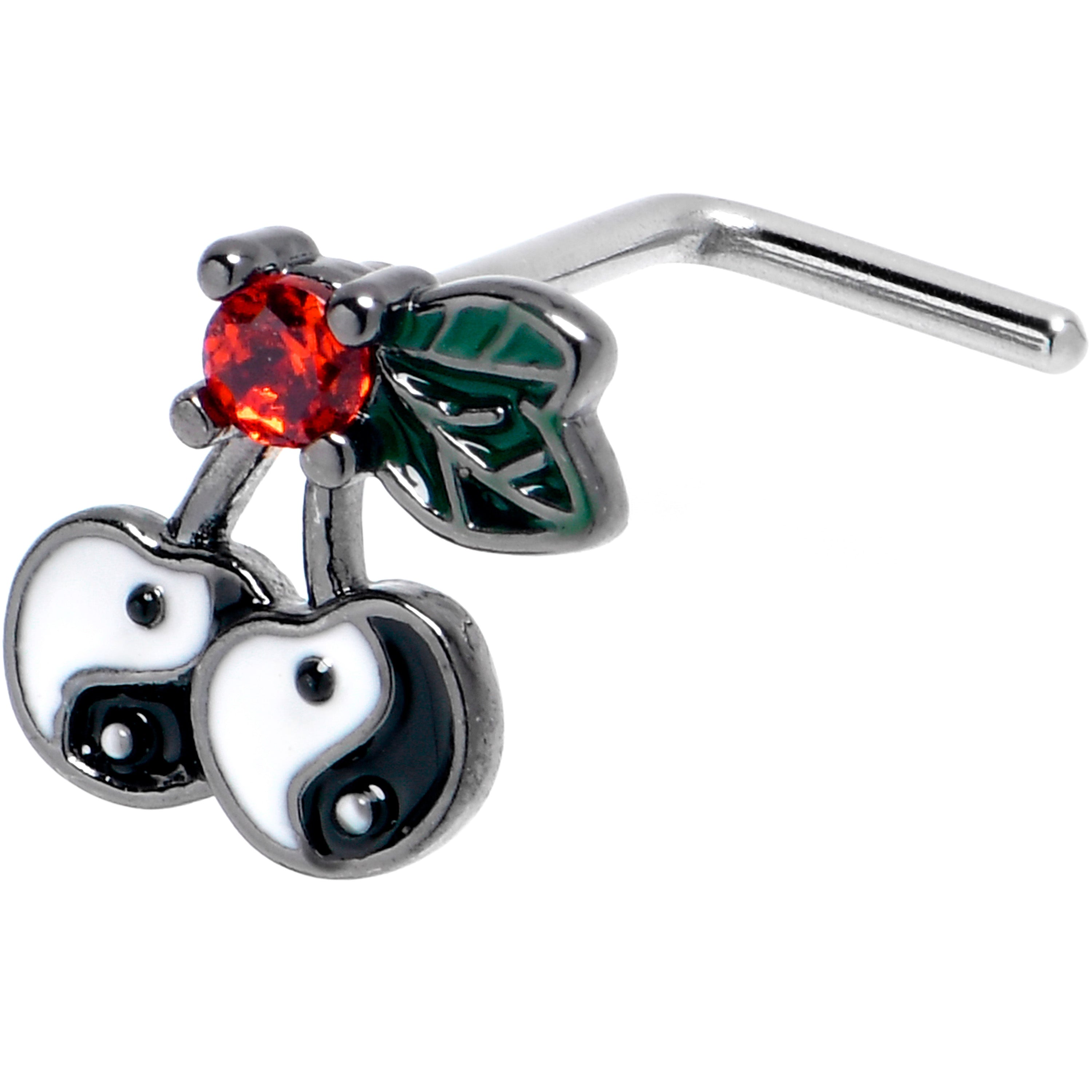 20G 7mm Red CZ Gem Yin Yang Cherry L Shape Nose Ring