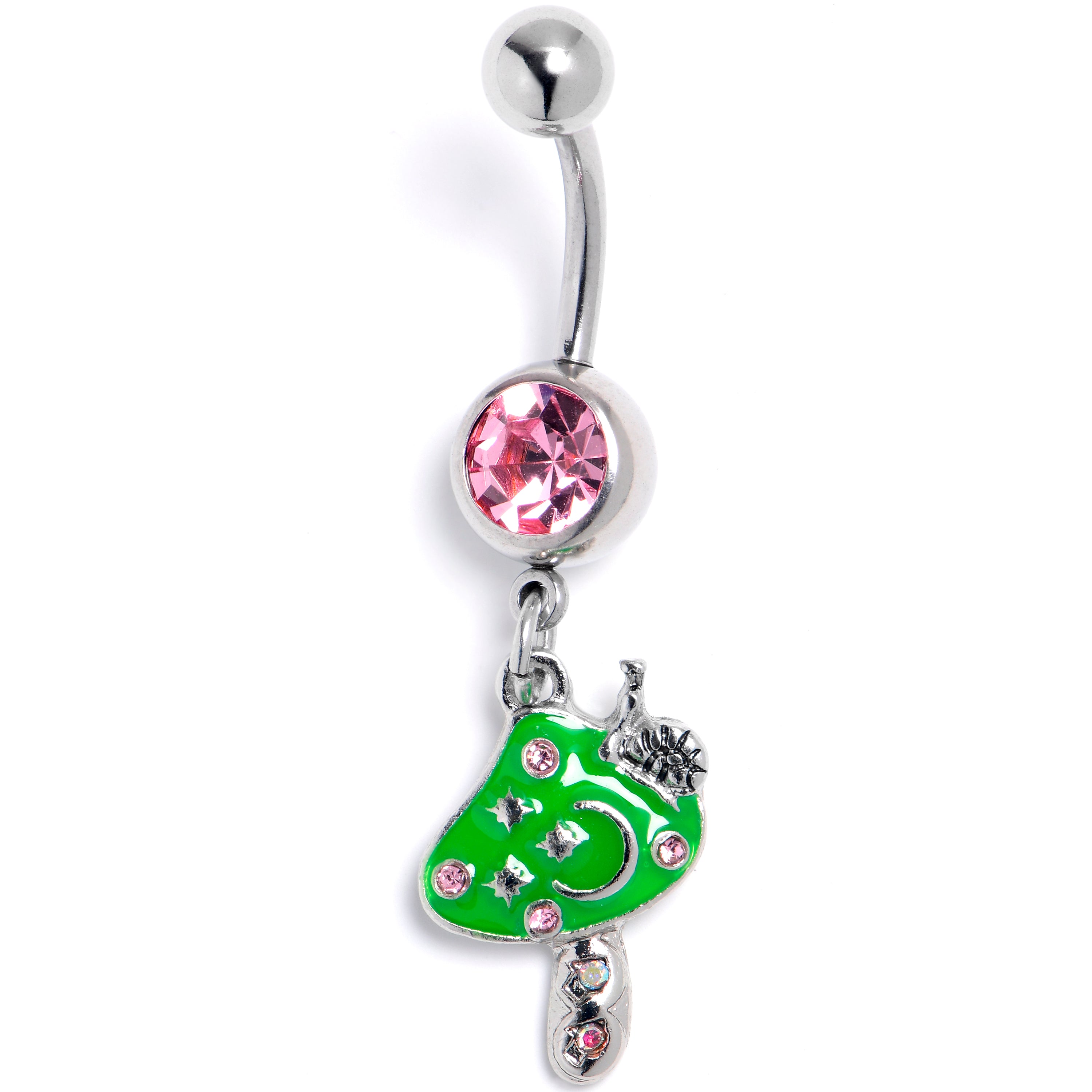 Pink Gem Fanciful Green Mushroom Dangle Belly Ring