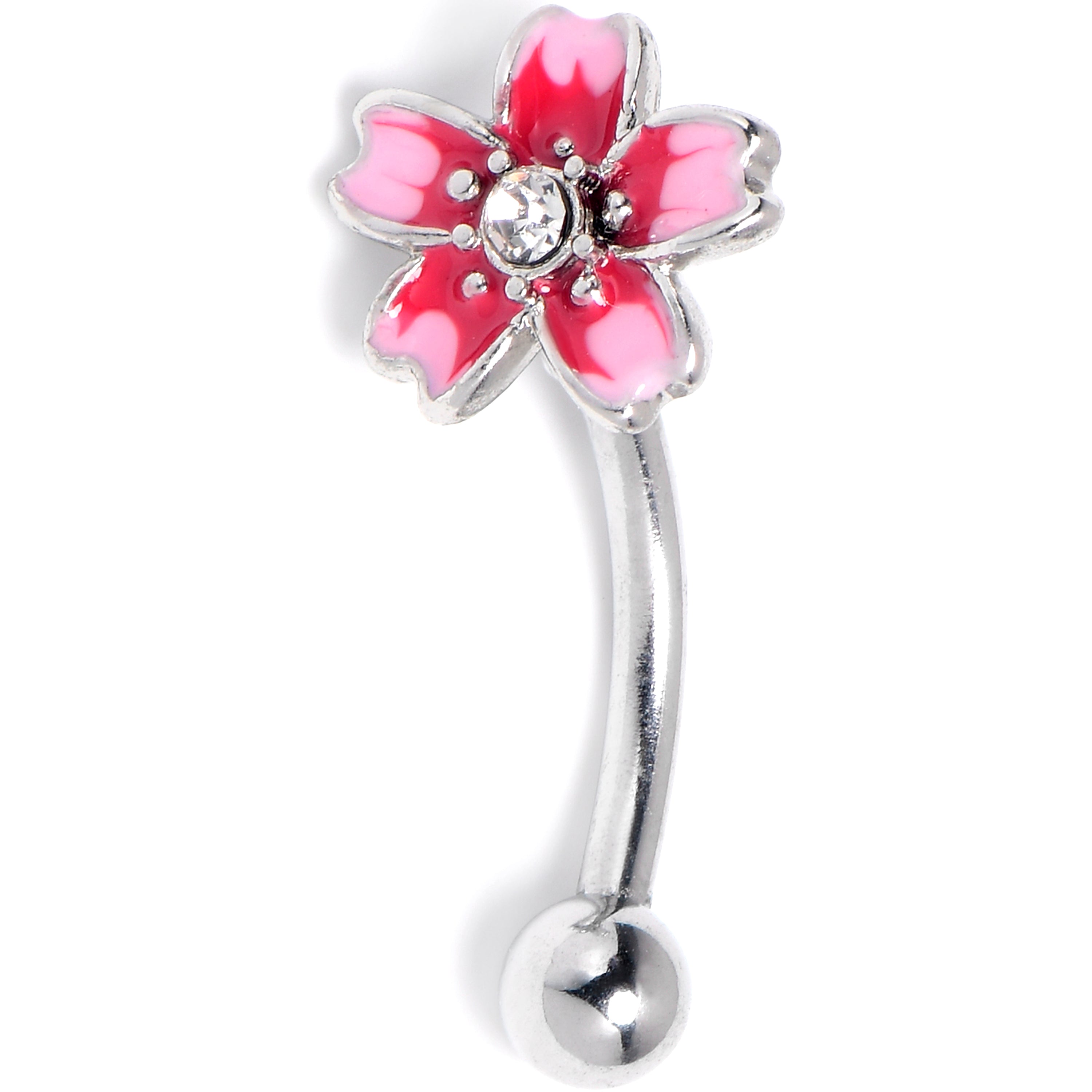 16 Gauge 5/16 Clear Gem Perfectly Pink Flower Curved Eyebrow Ring
