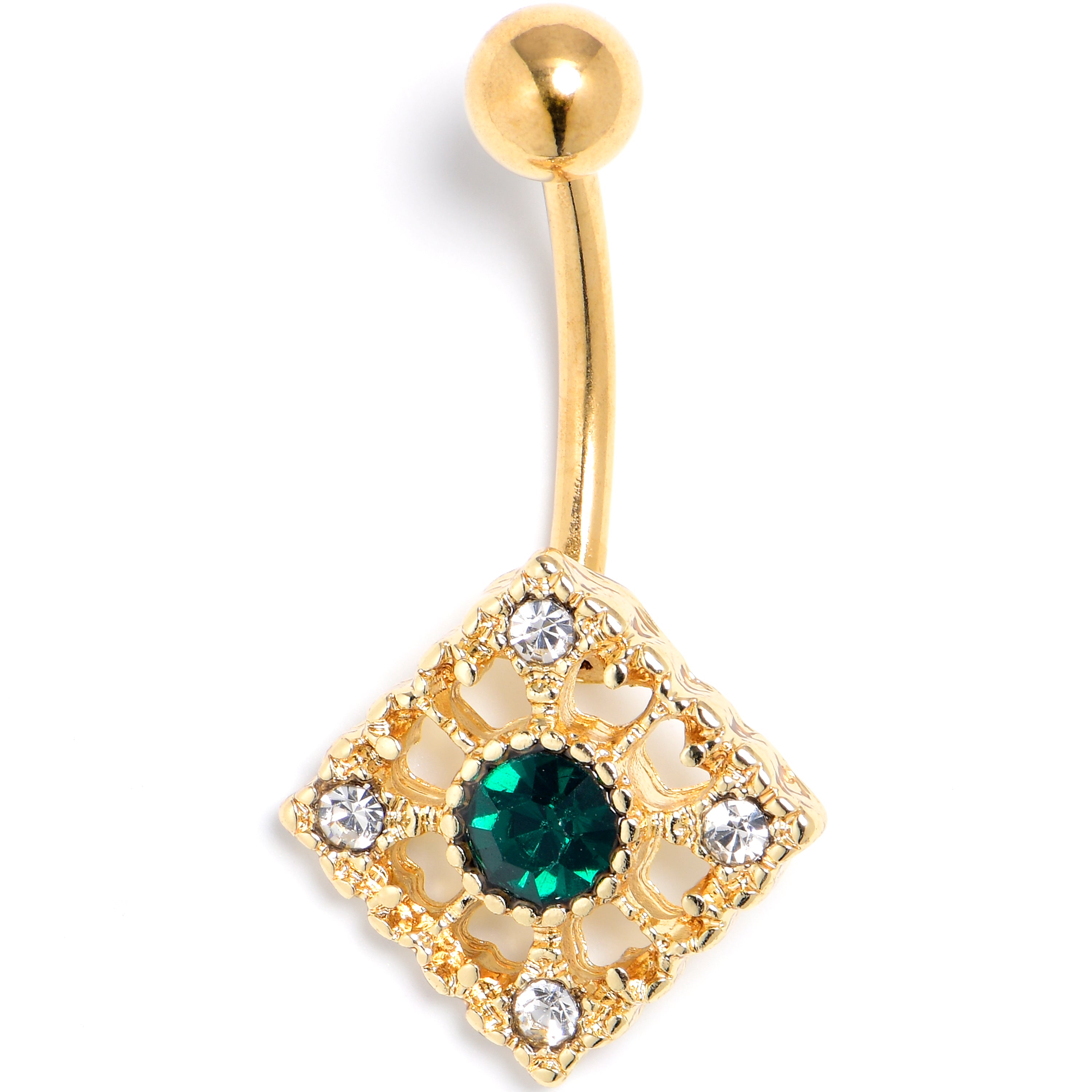 Green Clear Gem Gold Tone Classic Cross Belly Ring