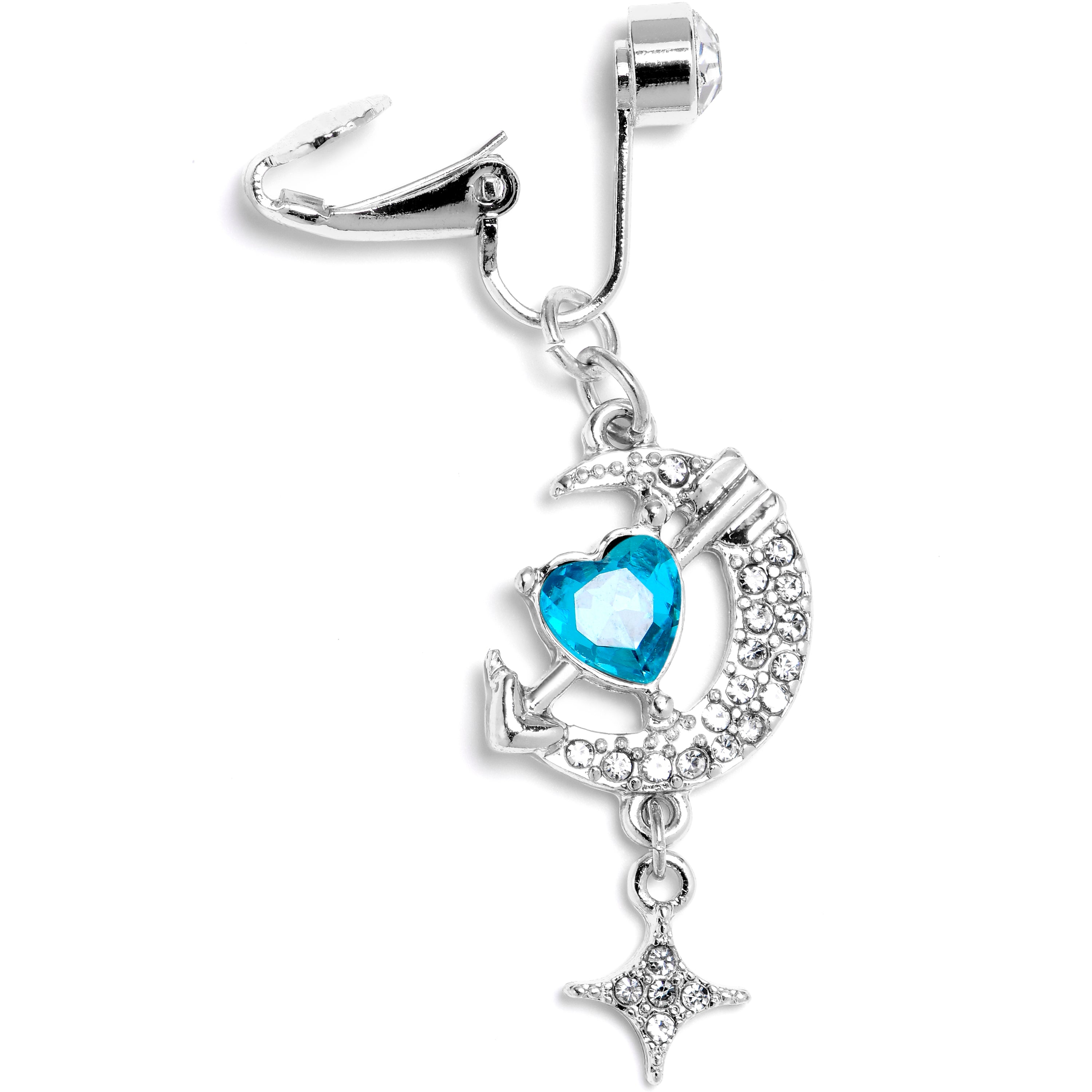 Clear Blue Gem Moon Lover Dangle Clip On Fake Belly Ring