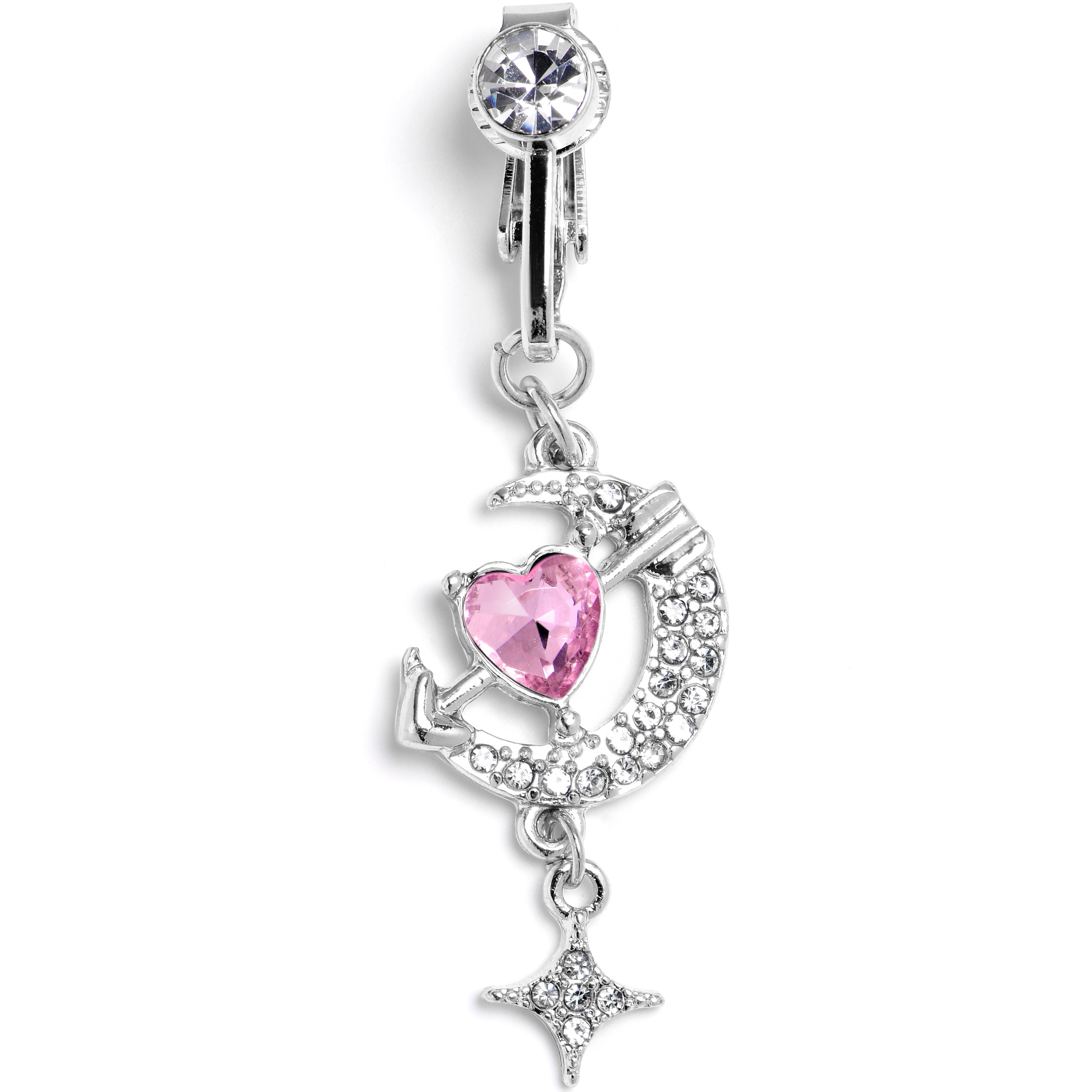 Clear Pink Gem Moon Lover Dangle Clip On Fake Belly Ring