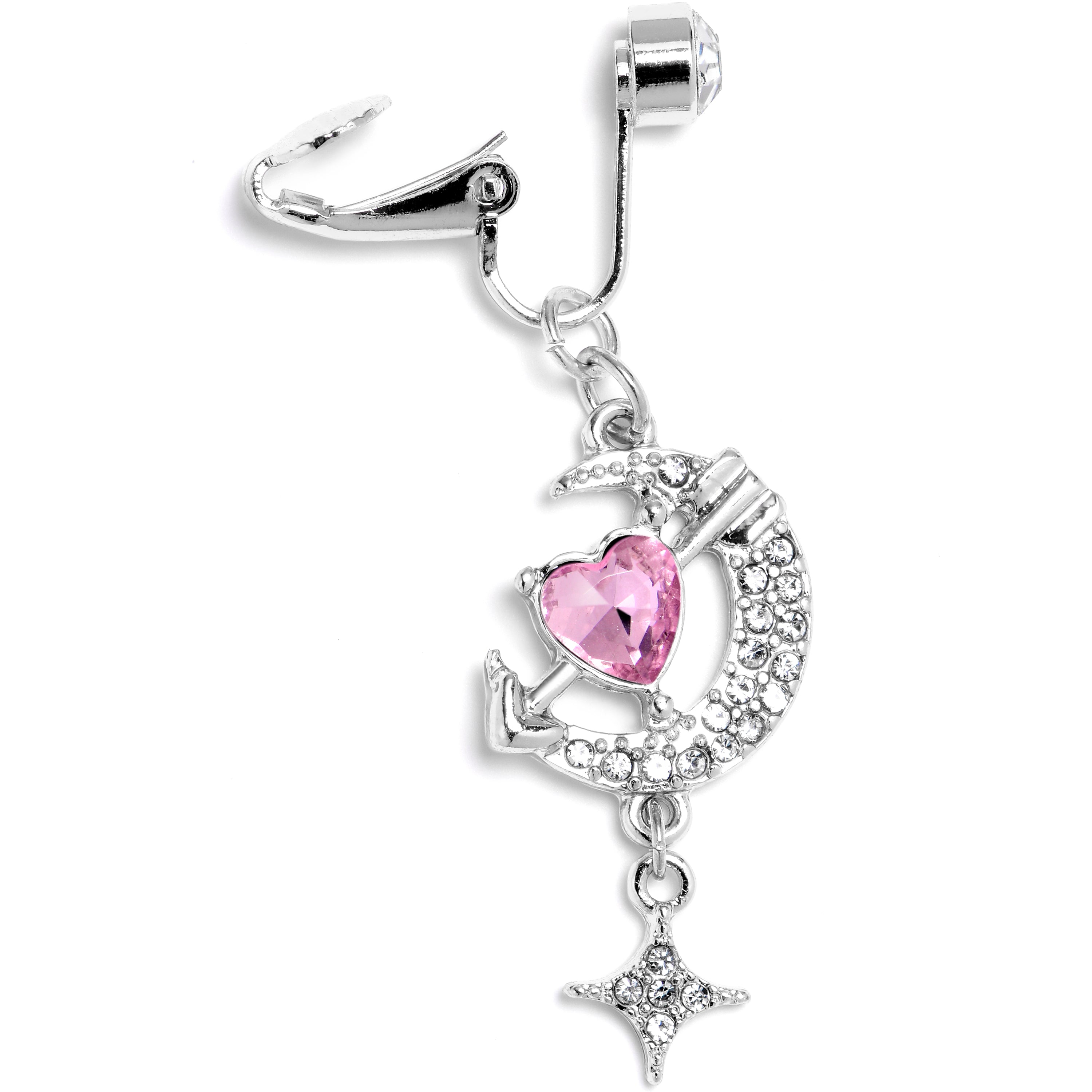 Clear Pink Gem Moon Lover Dangle Clip On Fake Belly Ring