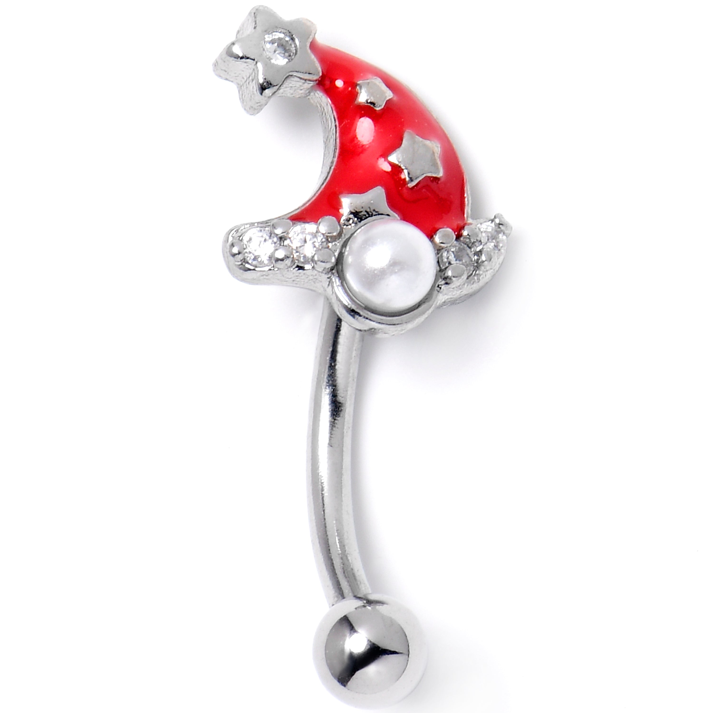 16G 5/16 Clear Gem Santa Hat Stars Red Curved Eyebrow Ring