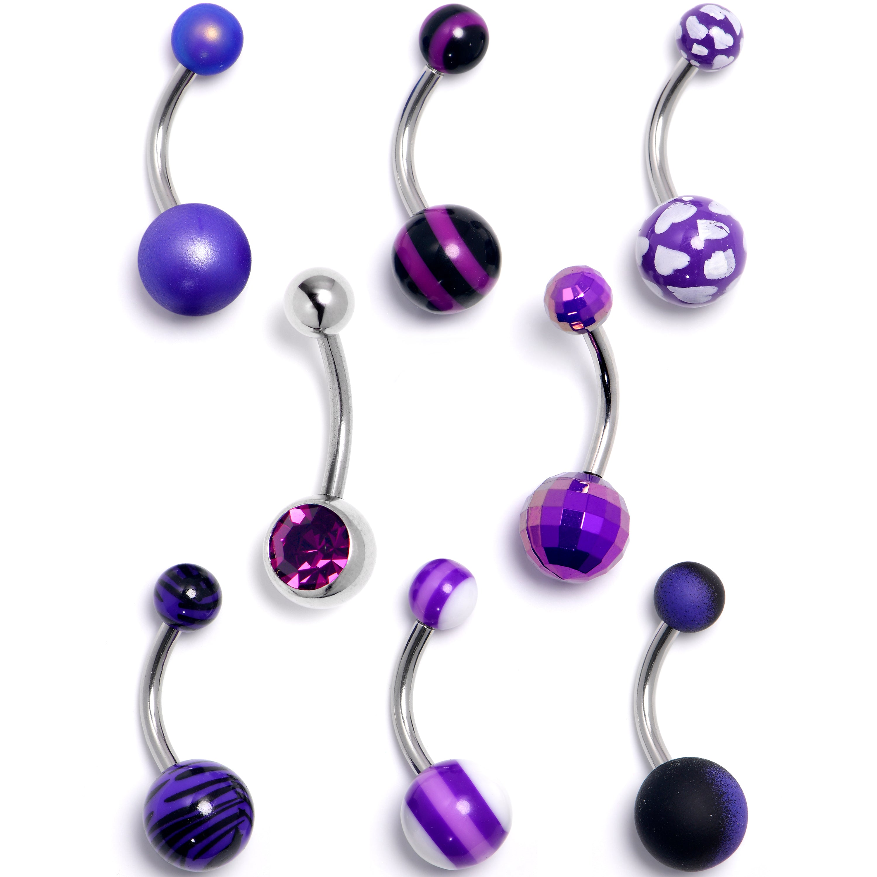 Purple Gem Hearts Pattern Belly Ring Set of 8