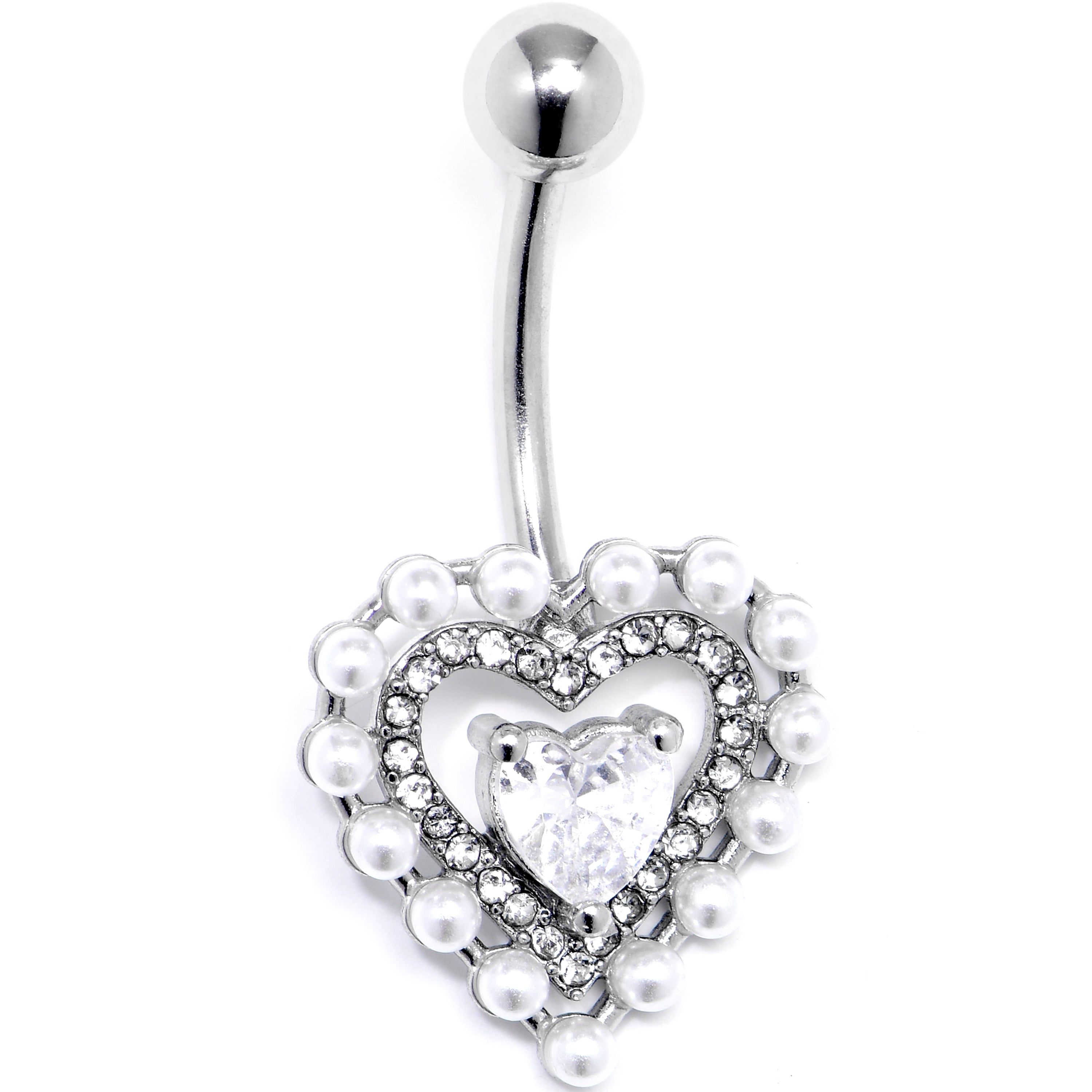Clear CZ Gem Pearl Heart Belly Ring