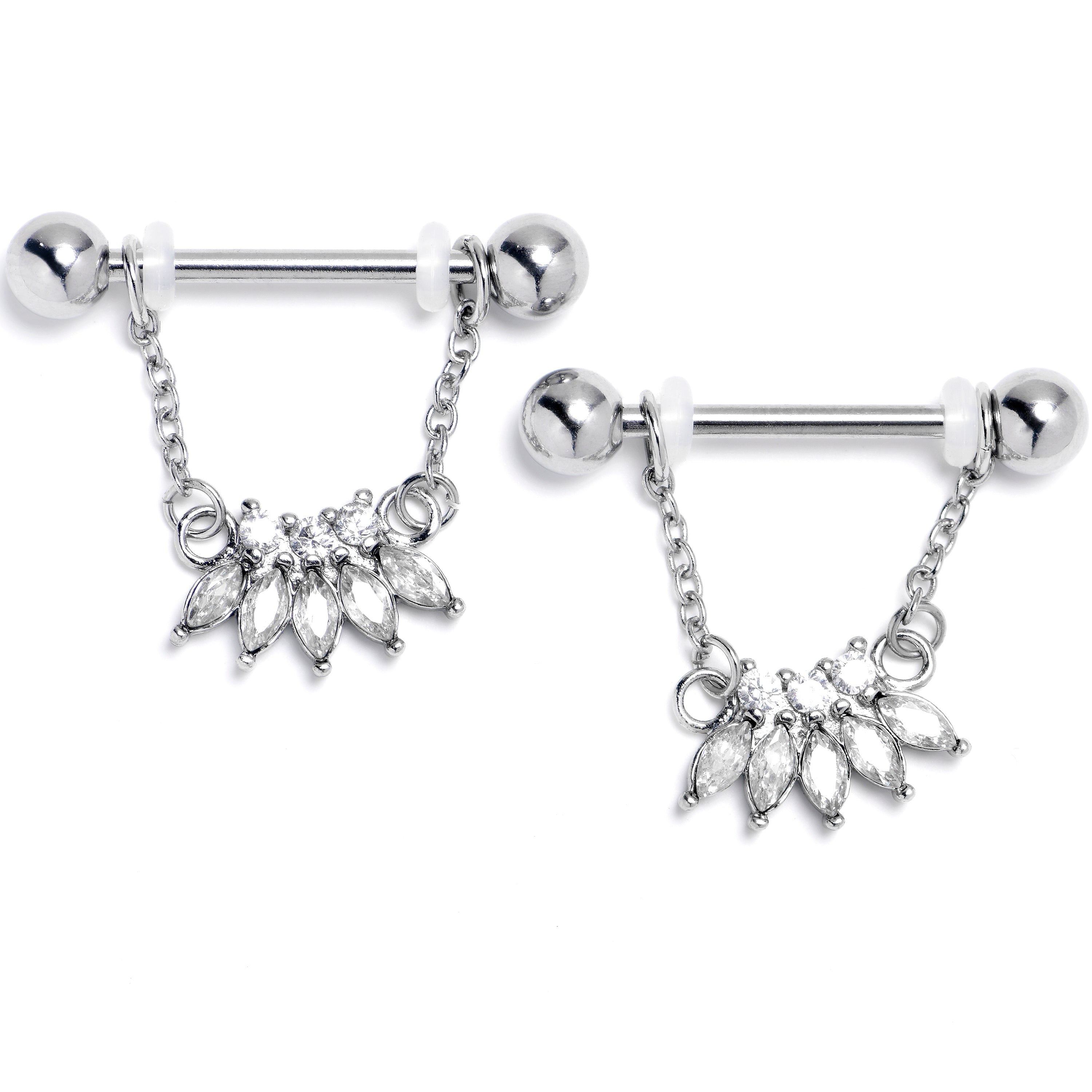 14G 9/16 Clear Gem Fashion Fan Chain Dangle Nipple Ring Set