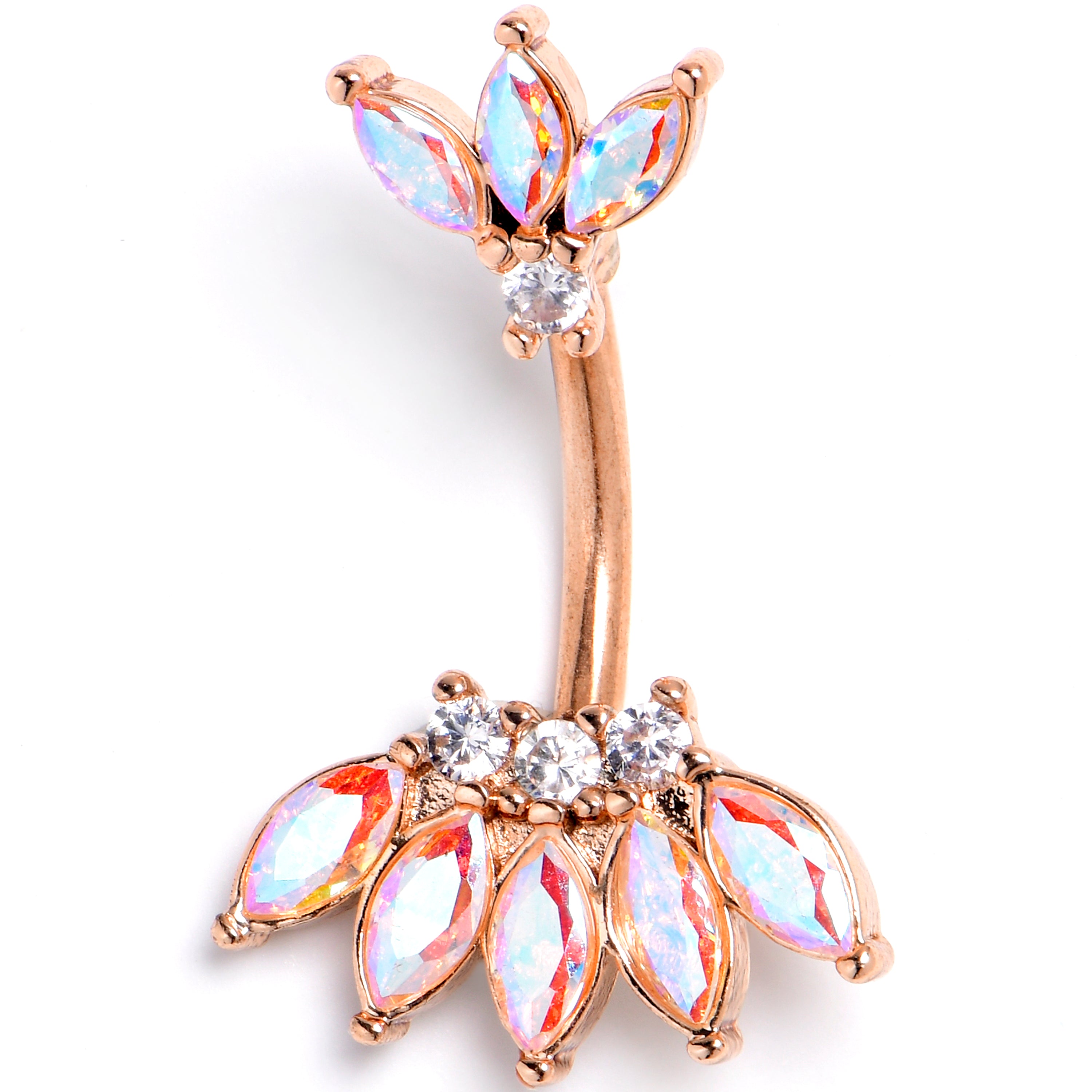 Clear Aurora Gem Rose Gold Tone Fashion Fan Double Mount Belly Ring