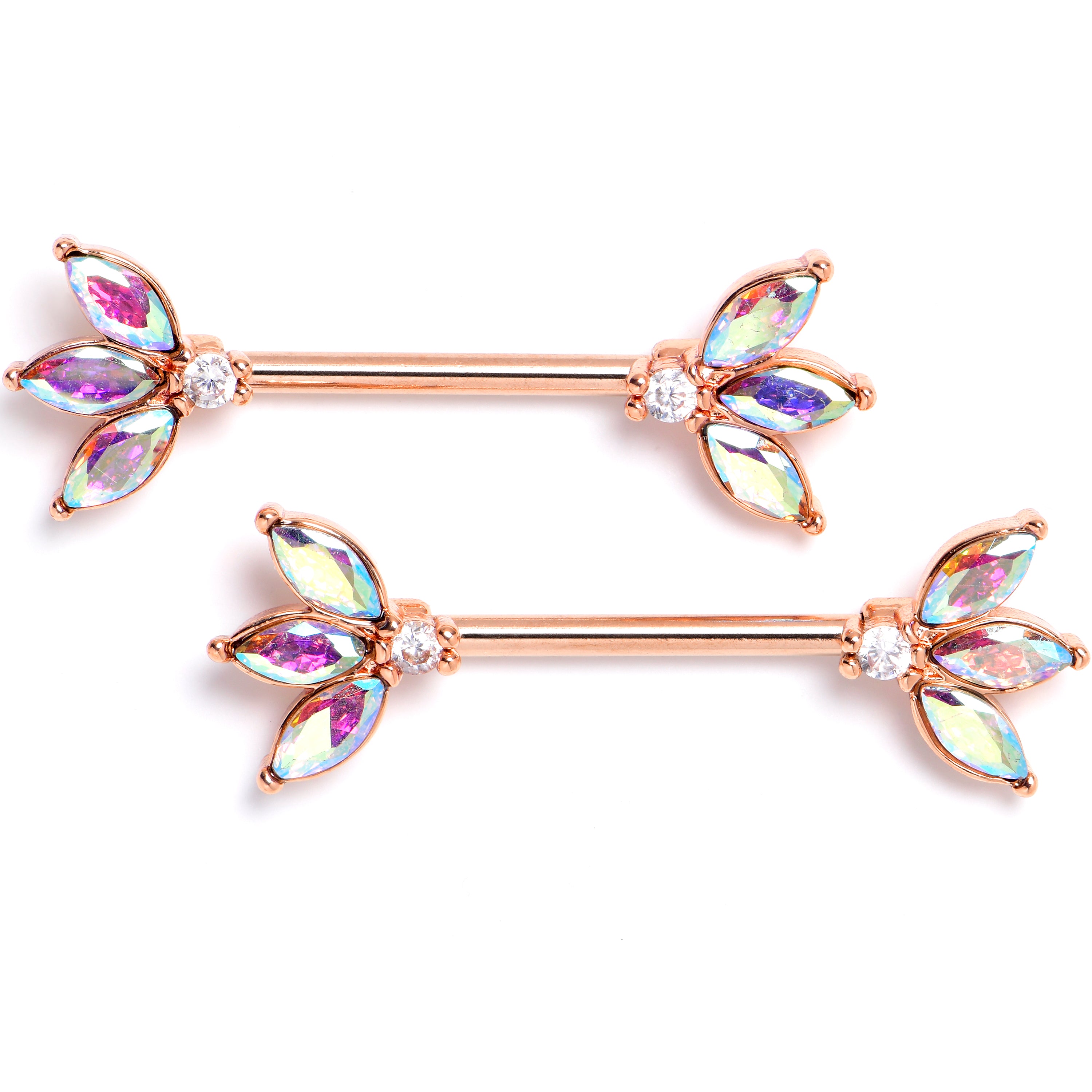 14 Gauge 9/16 Aurora Gem Rose Gold Tone Fashion Fan Mini Nipple Ring Set