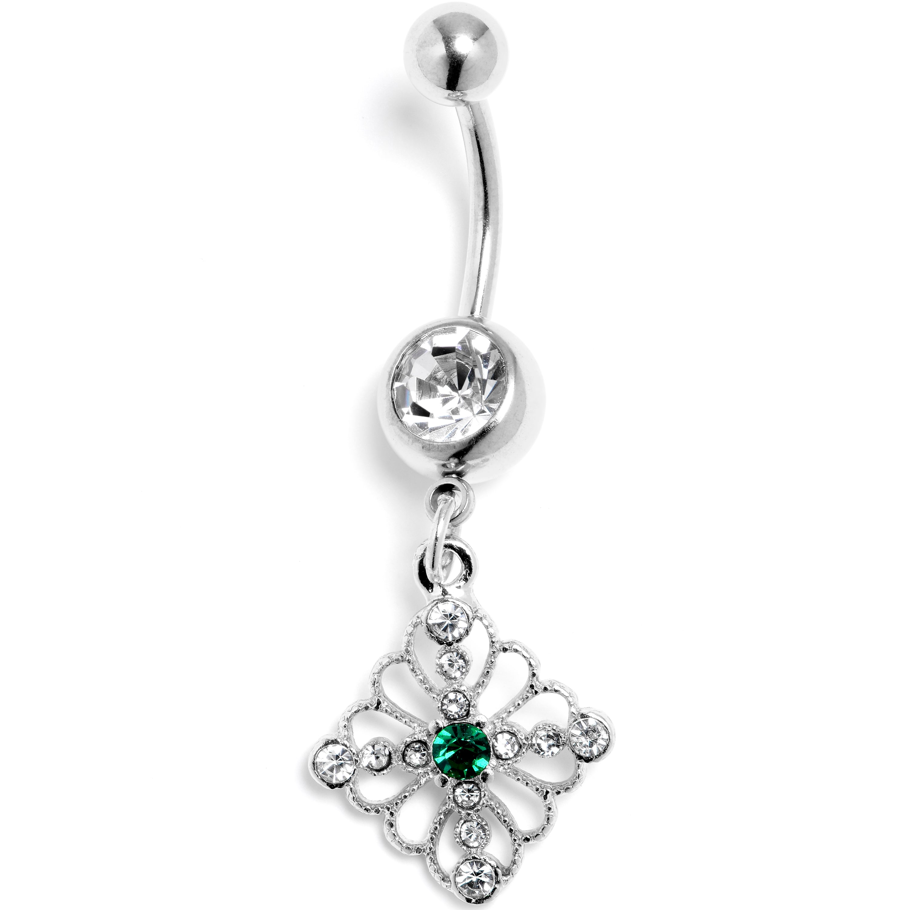 Clear Green Gem Filigree Cross Rhombus Dangle Belly Ring