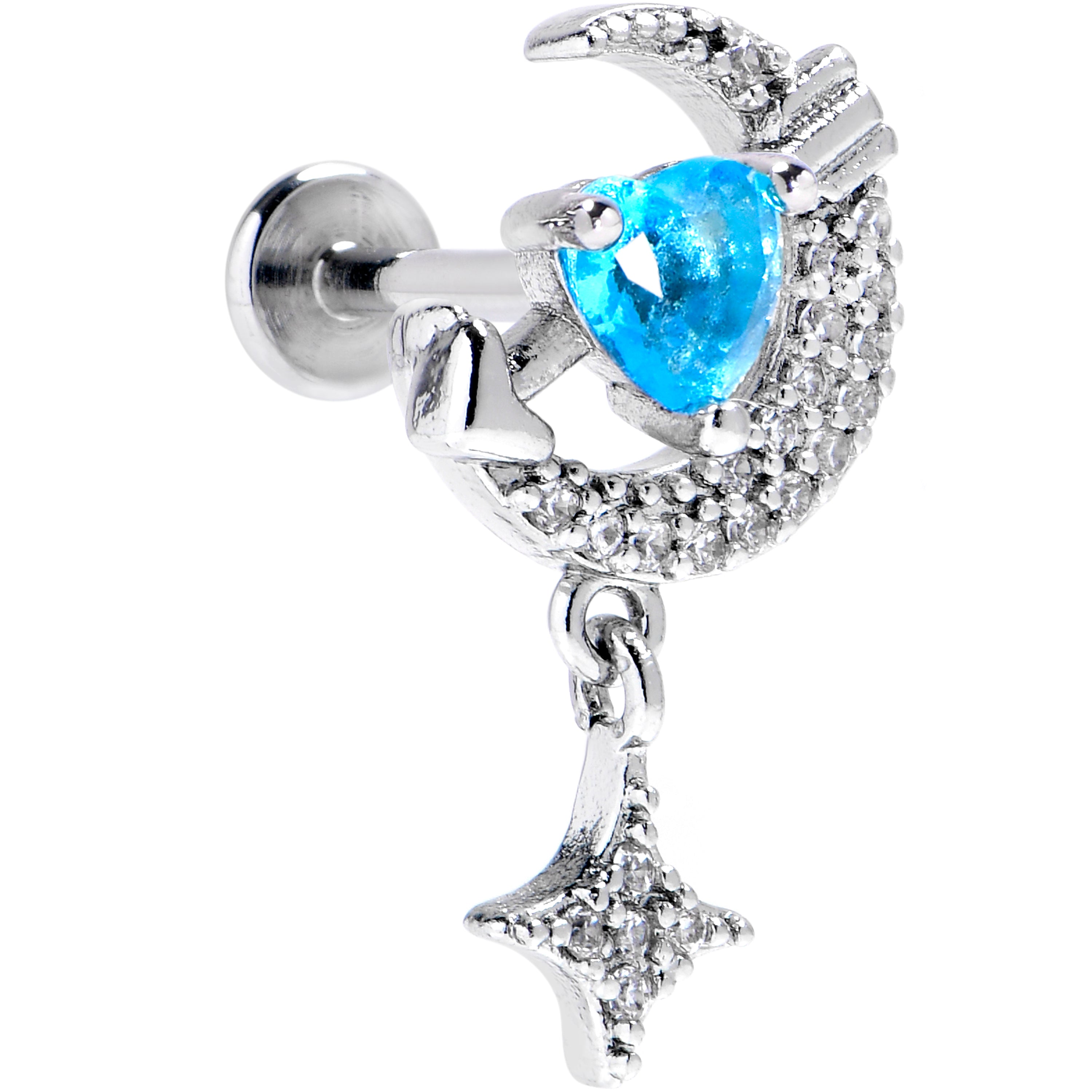 16G Blue CZ Gem Moon Lover Internally Threaded Labret Monroe Tragus