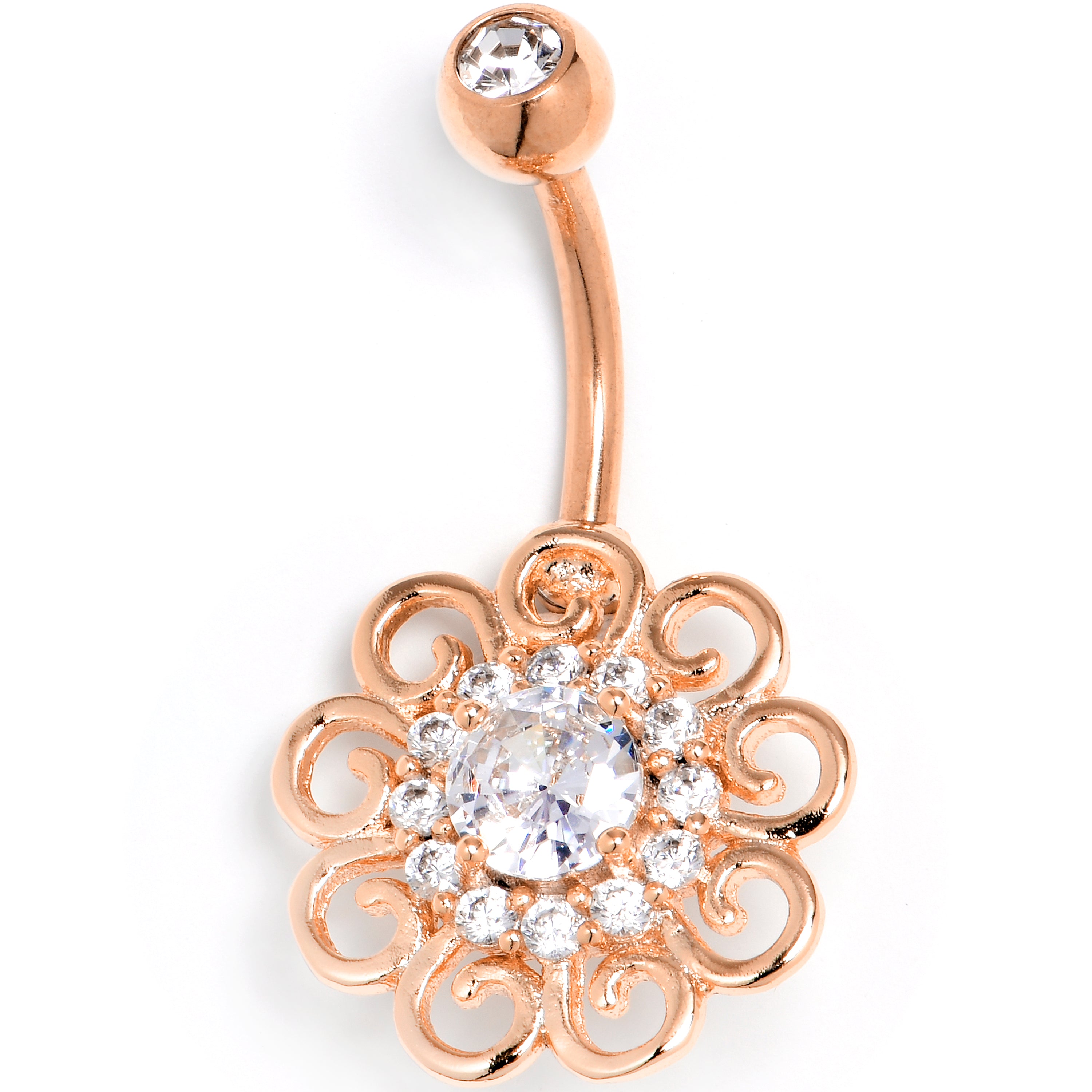 Clear CZ Gem Rose Gold Tone Loopy Flower Whimsy Belly Ring
