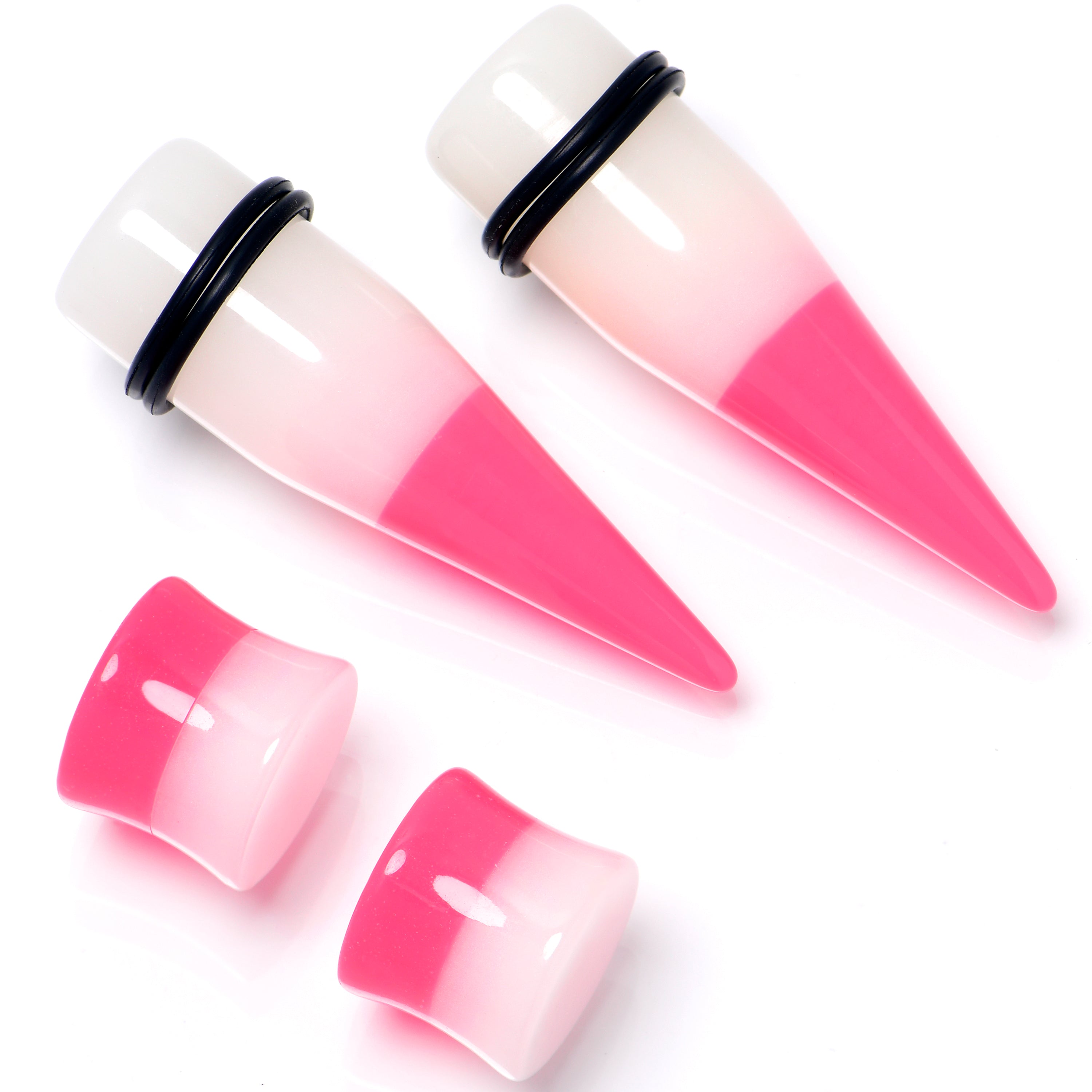 Pink White Acrylic Glow in the Dark Taper Saddle Plug Set  8mm to 16mm Sizes