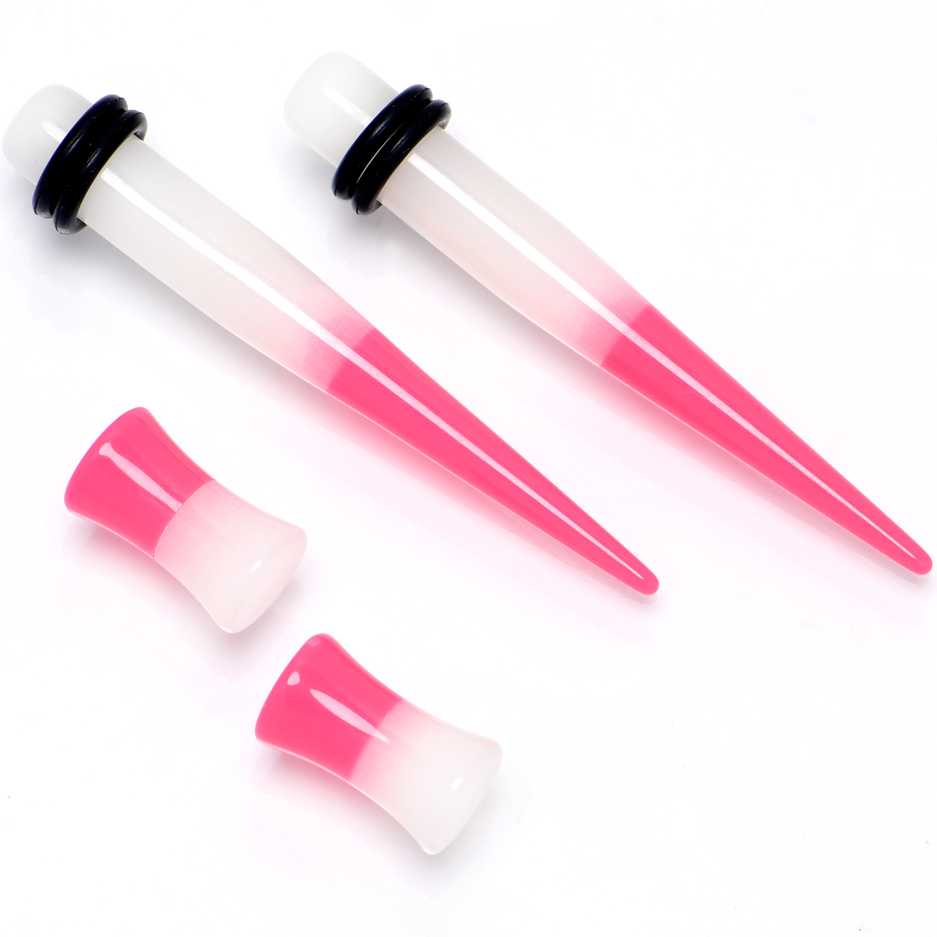 Pink White Acrylic Glow in the Dark Taper Saddle Plug Set  8mm to 16mm Sizes