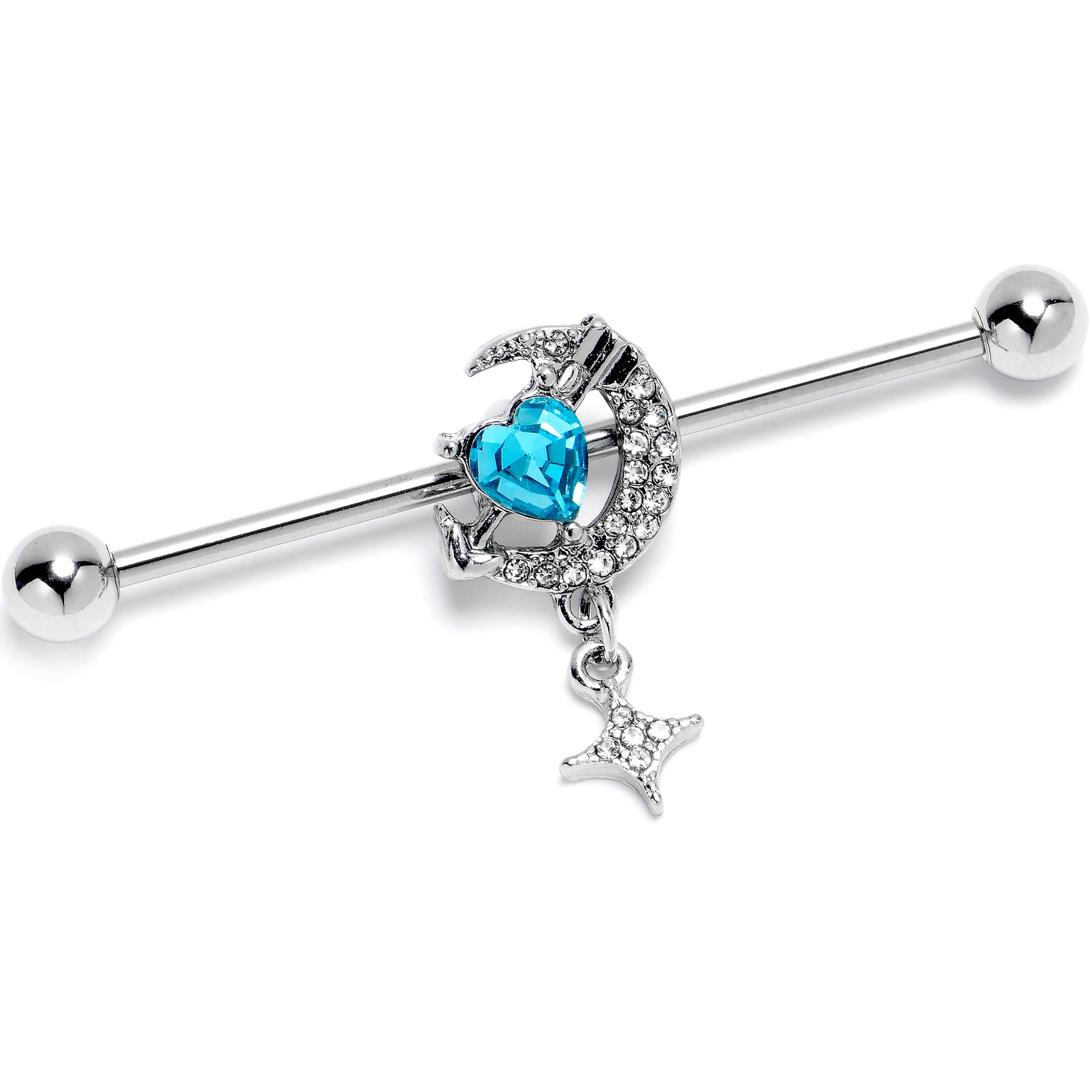 14G Blue Clear Gem Moon Lover Dangle Industrial Barbell 38mm