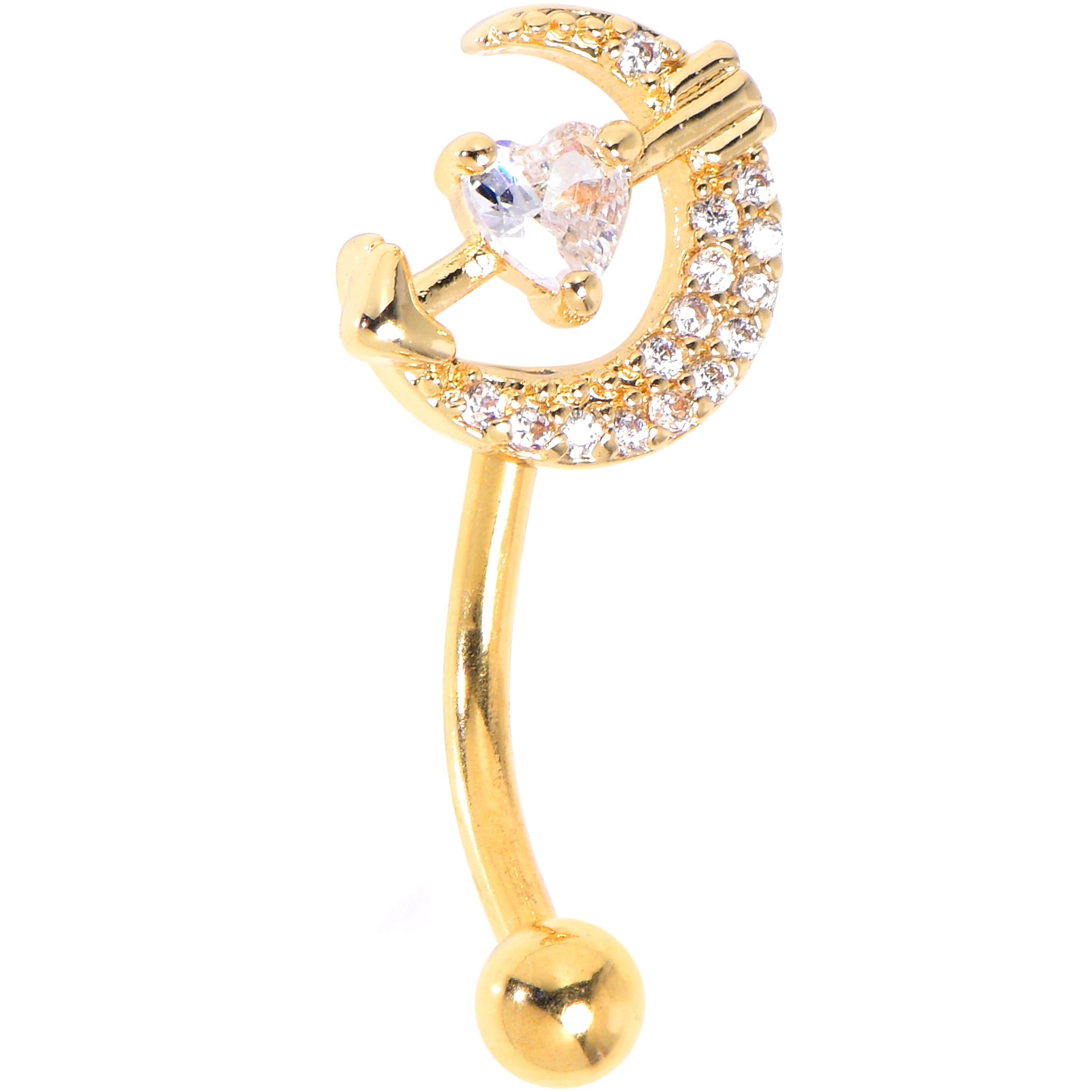 16G 5/16 Clear CZ Gem Gold Tone Moon Lover Curved Eyebrow Ring