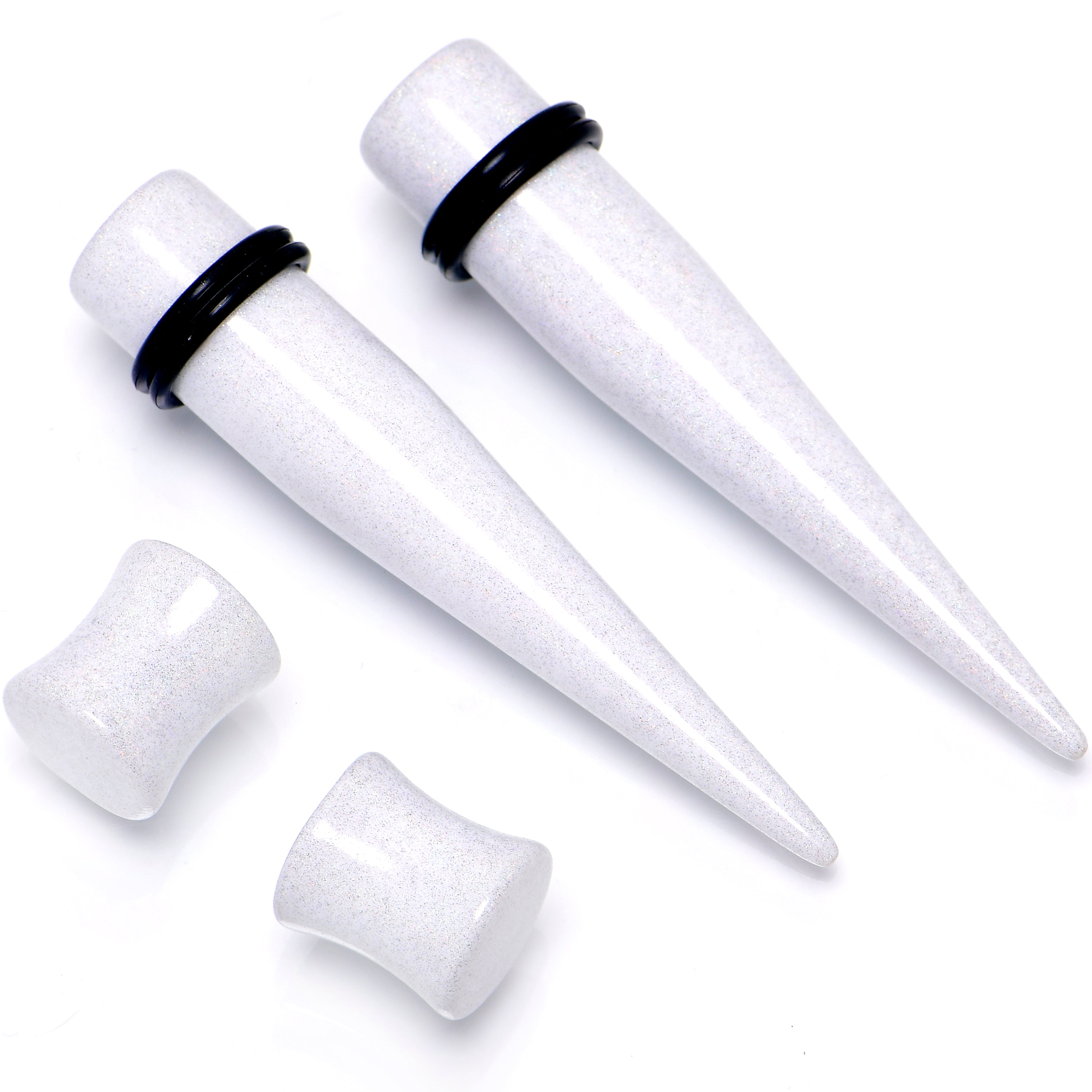 White Acrylic Shimmer Finish Taper Plug Set 6mm to 20mm Sizes