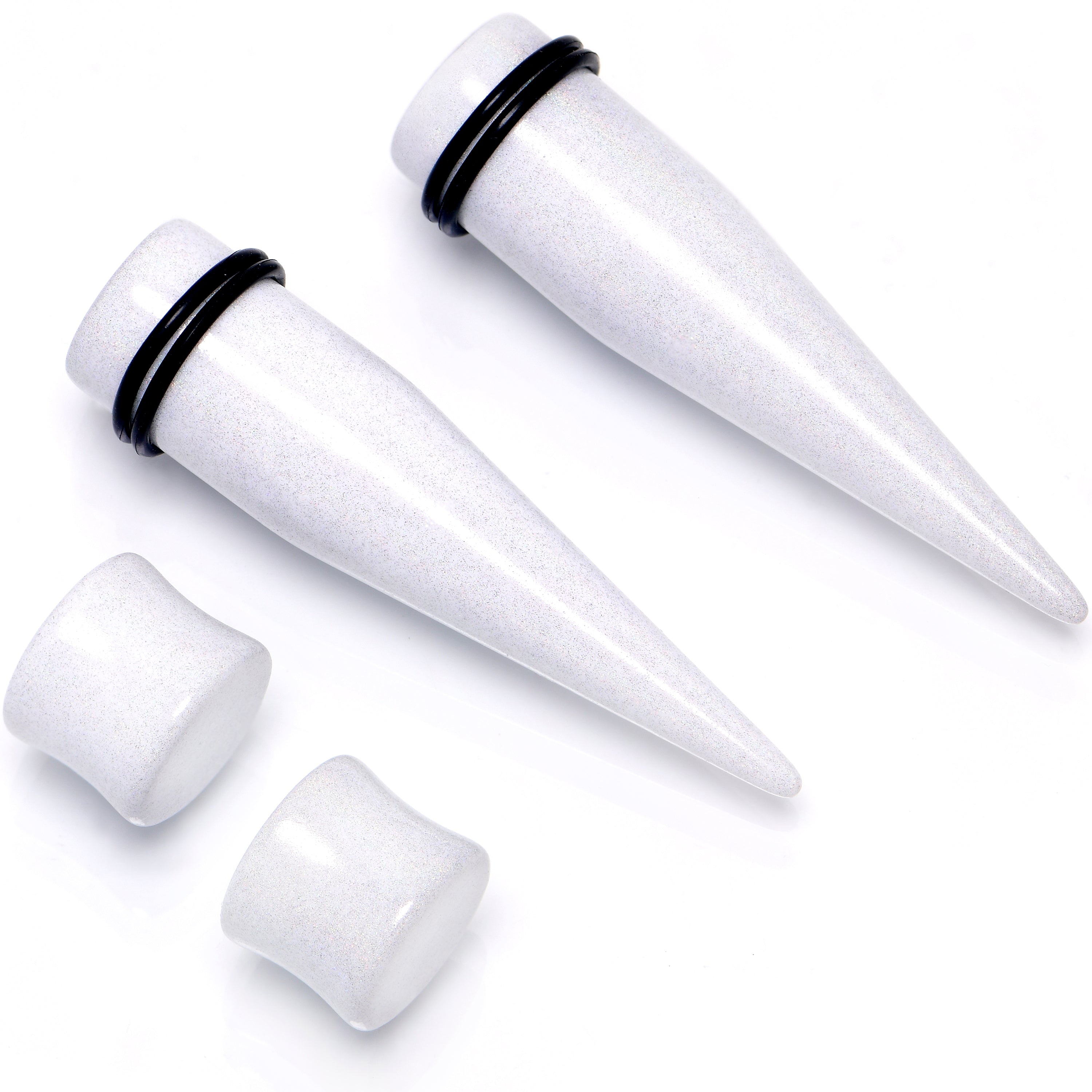 White Acrylic Shimmer Finish Taper Saddle Plug Set 6mm to 20mm Sizes