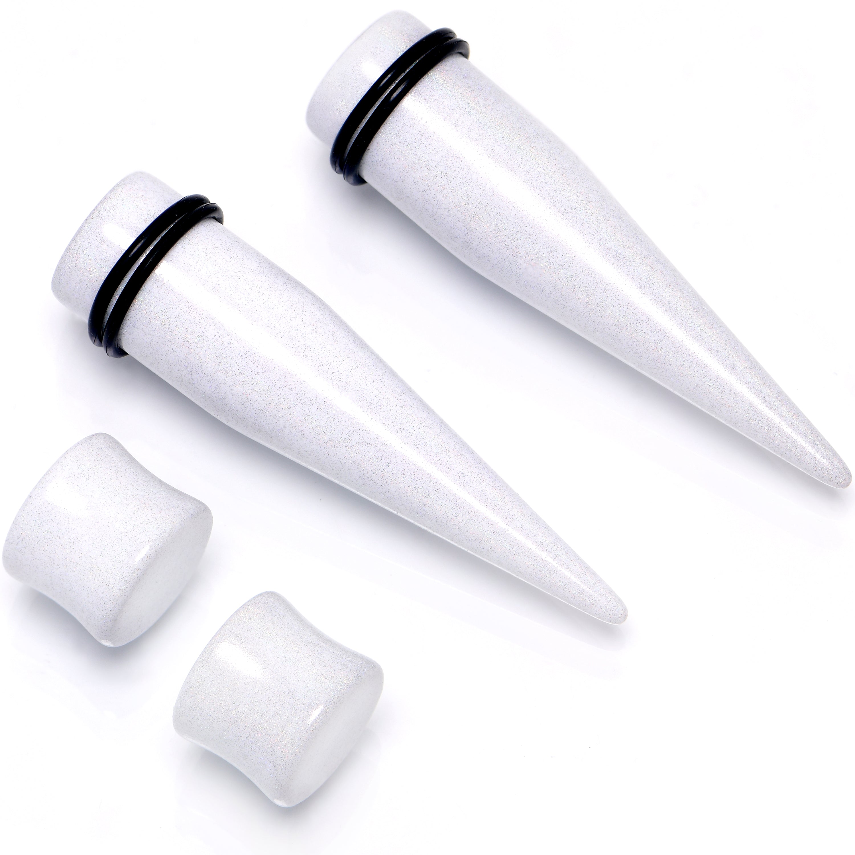White Acrylic Shimmer Finish Taper Plug Set 6mm to 20mm Sizes