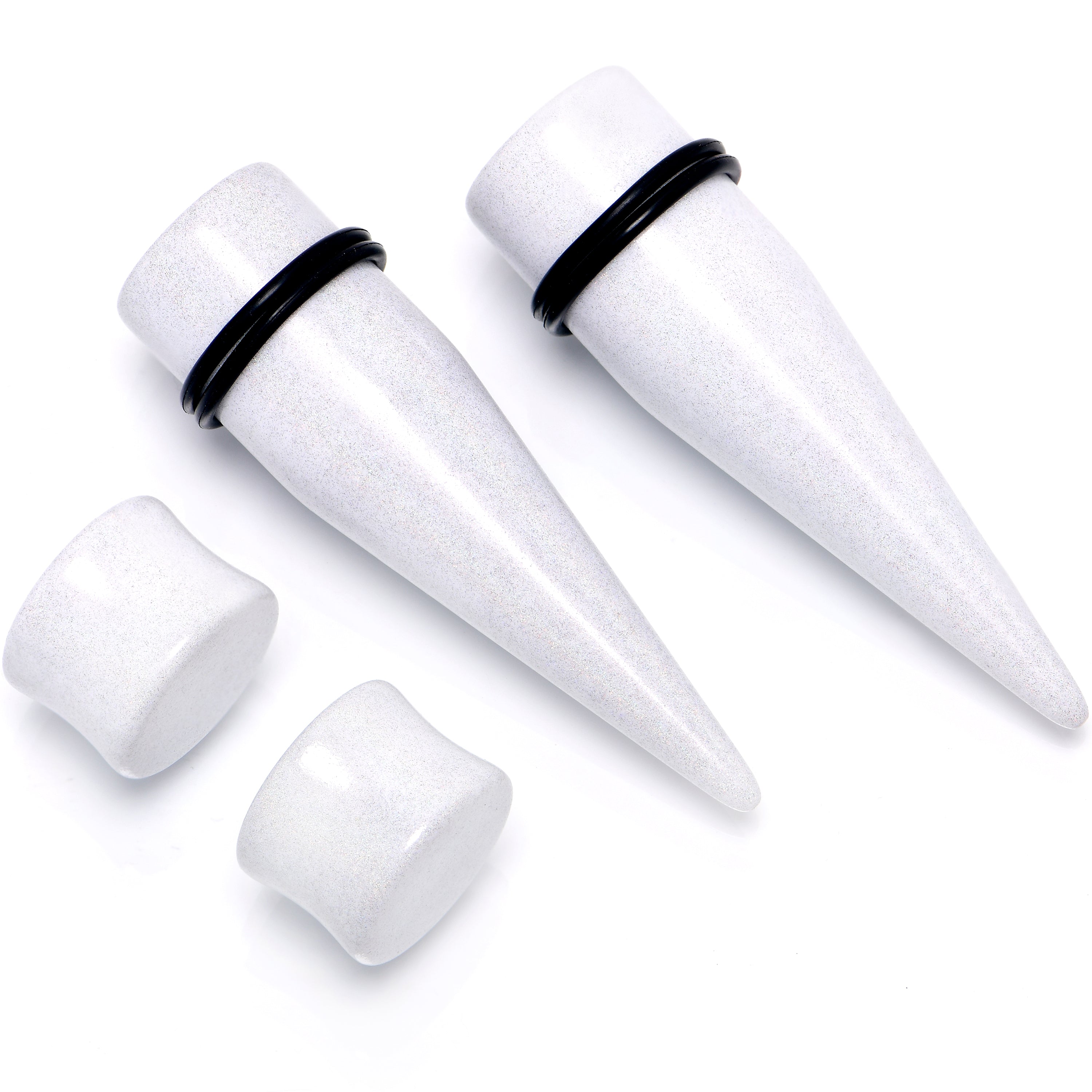 White Acrylic Shimmer Finish Taper Saddle Plug Set 6mm to 20mm Sizes