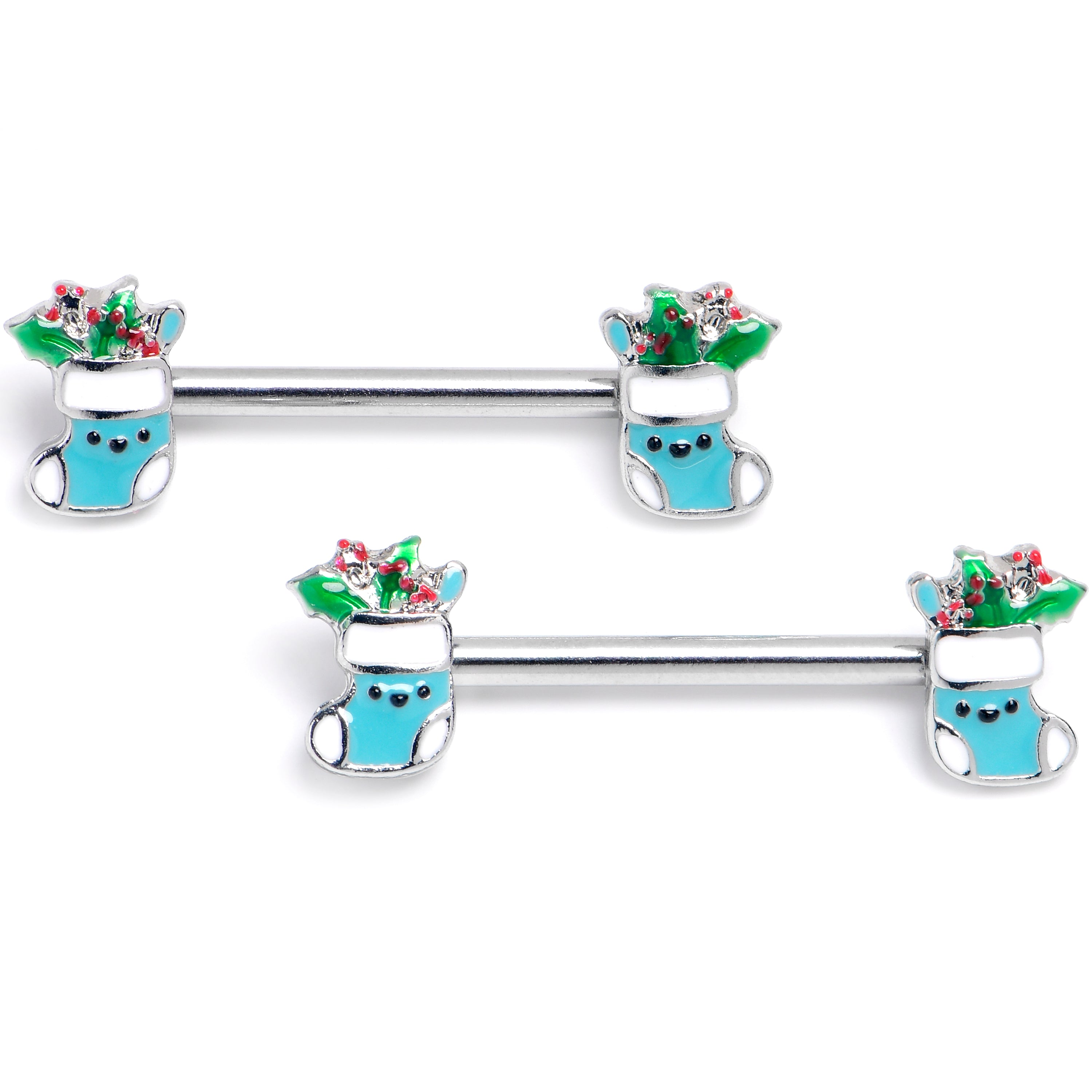 14G 9/16 Festive Blue Christmas Stocking Barbell Nipple Ring Set