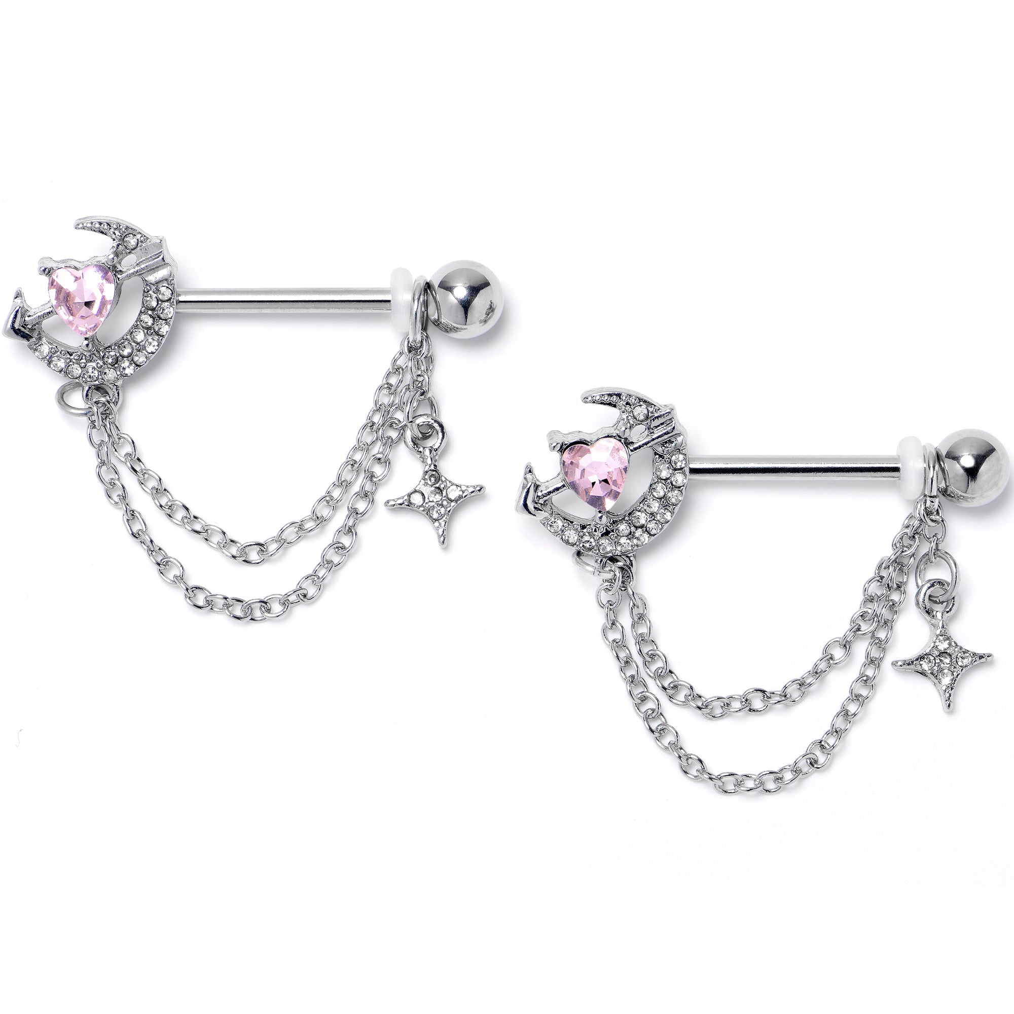 14 Gauge 9/16 Pink Clear Gem Moon Lover Chain Dangle Nipple Ring Set