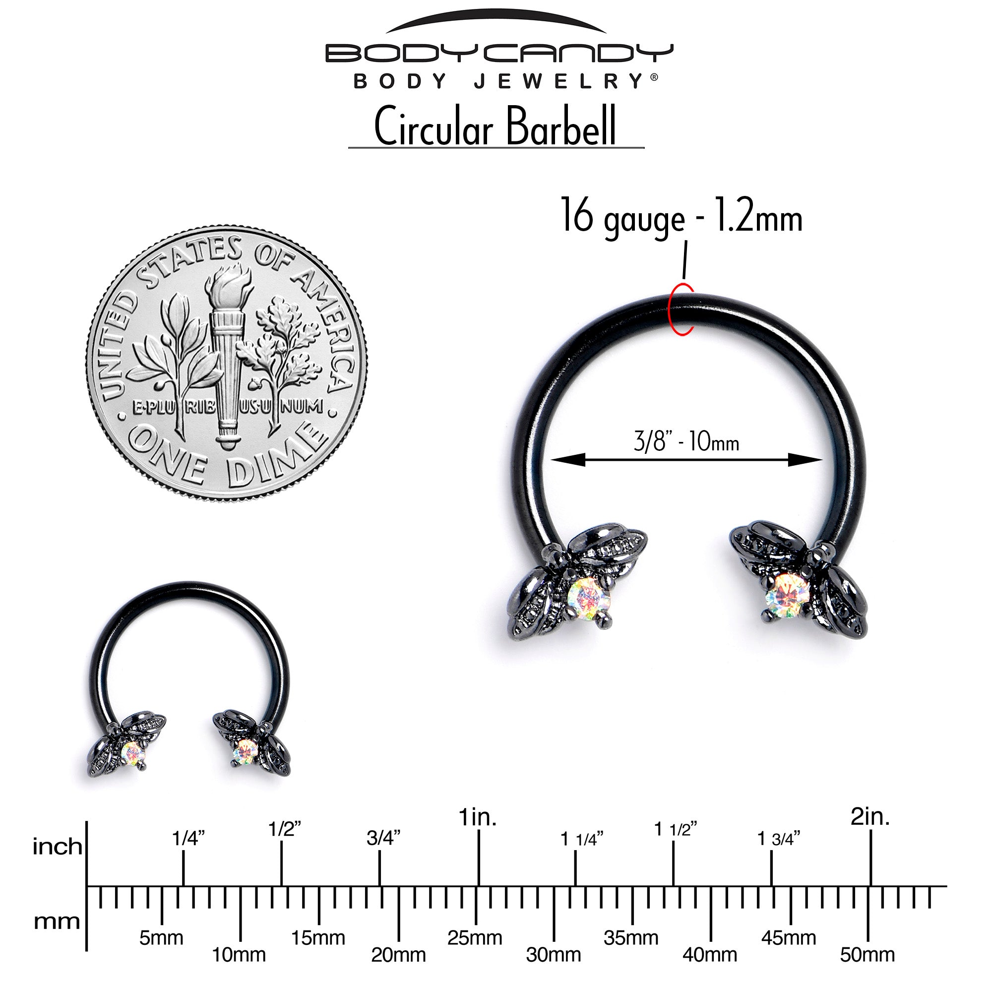 16G 3/8 Aurora Gem Black Beauty Bug Horseshoe Circular Barbell