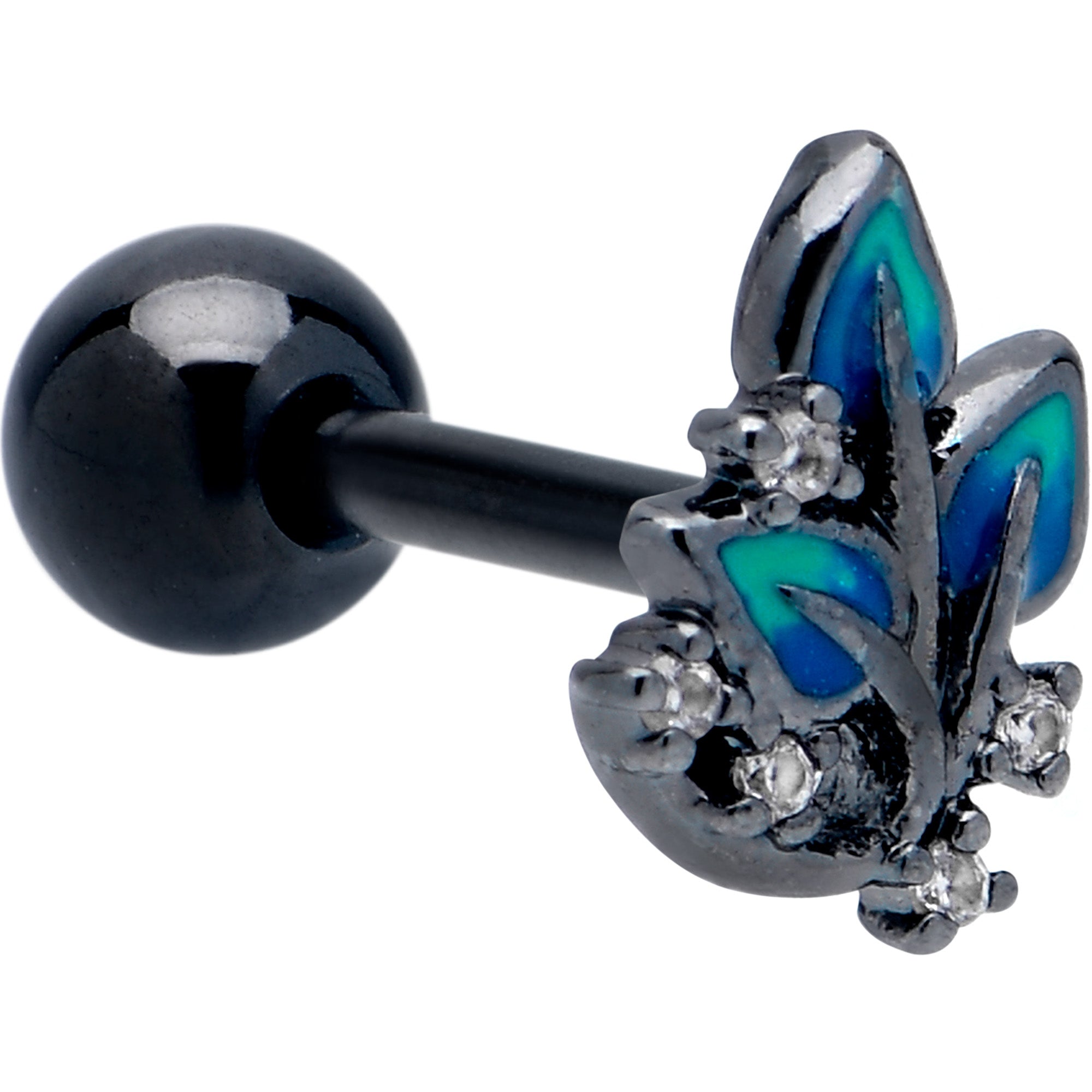 16G 1/4 Clear CZ Gem Black Lush Leaves Cartilage Tragus Earring