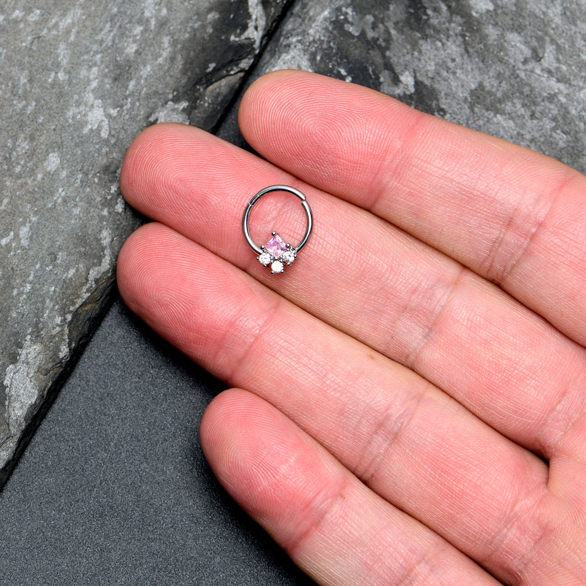 16G 3/8 Pink Clear CZ Gem Rhombus Riot Hinged Segment Ring