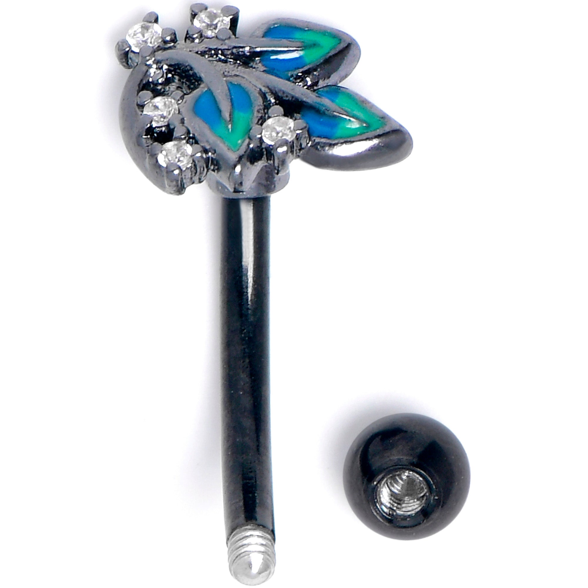 16G 5/16 Clear CZ Gem Black Lush Leaves Curved Eyebrow Ring