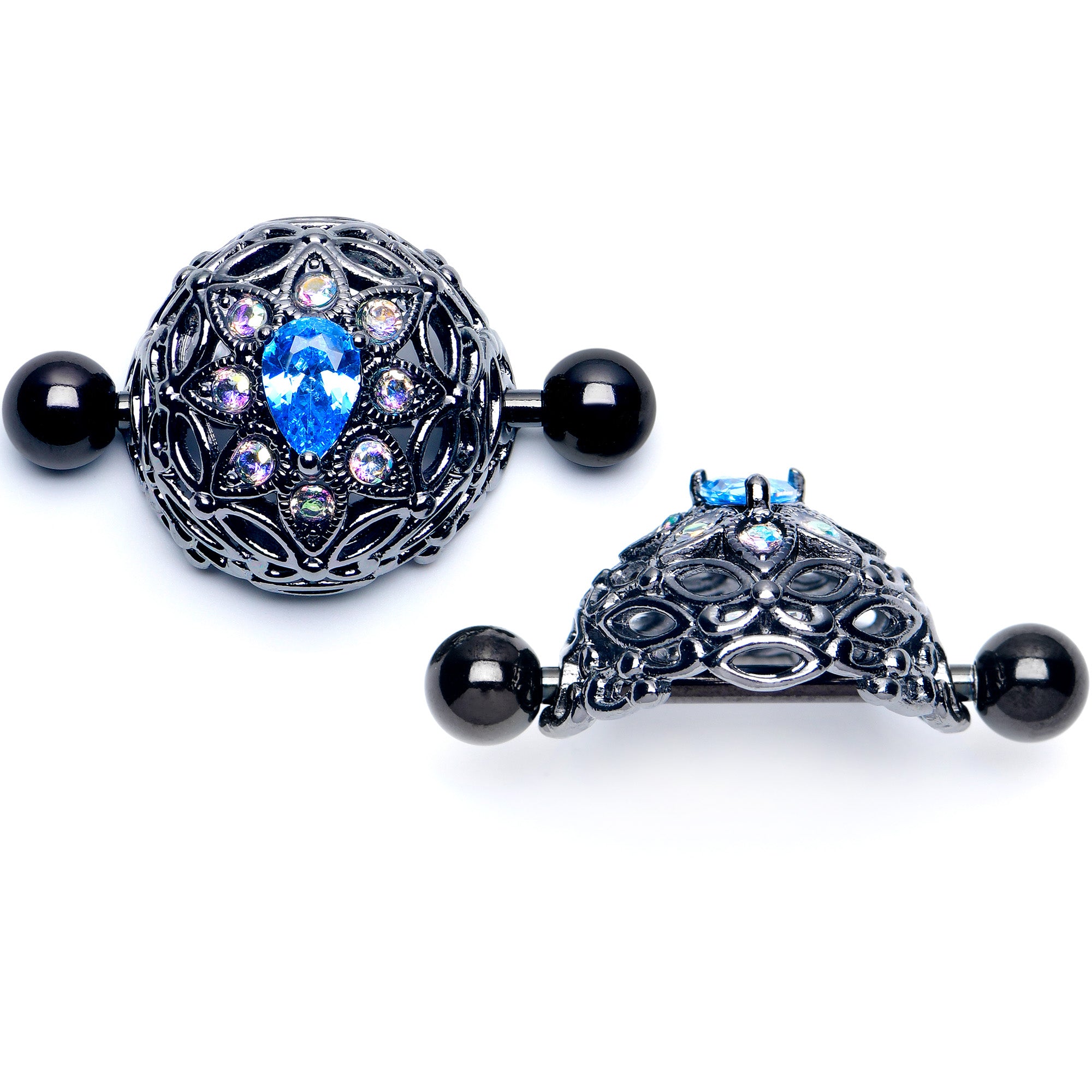 14G 9/16 Blue Aurora Gem Black Night Blossom Nipple Shield Set